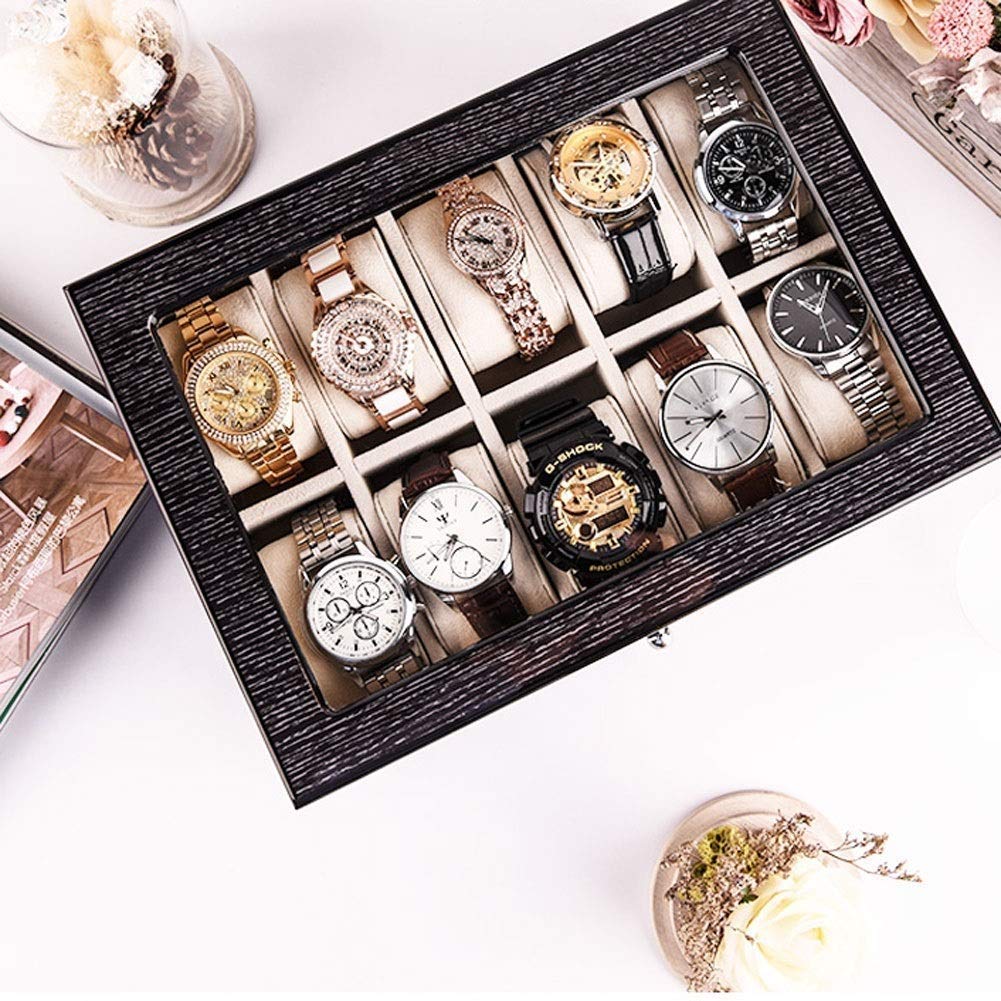 2-Layer Lockable Jewelry Organizer Box - Foldable Tray with Removable Dividers, Gray Solid Wood Watch Display Case for 10 Mechanical Watches | Jewelry Storage, Watch Collection & Gift Box for Men & Women