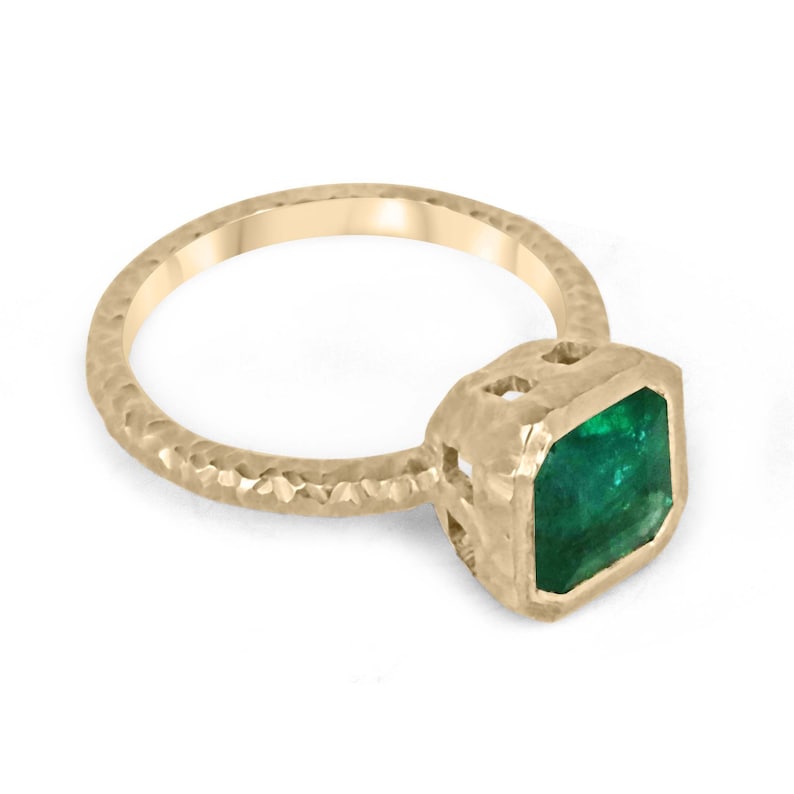 2.05ct 18K Gold Asscher Cut Emerald Ring - Rich Dark Green Solitaire with Matte Hammered Finish | Fine Jewelry for Engagement, Anniversary & Special Occasions