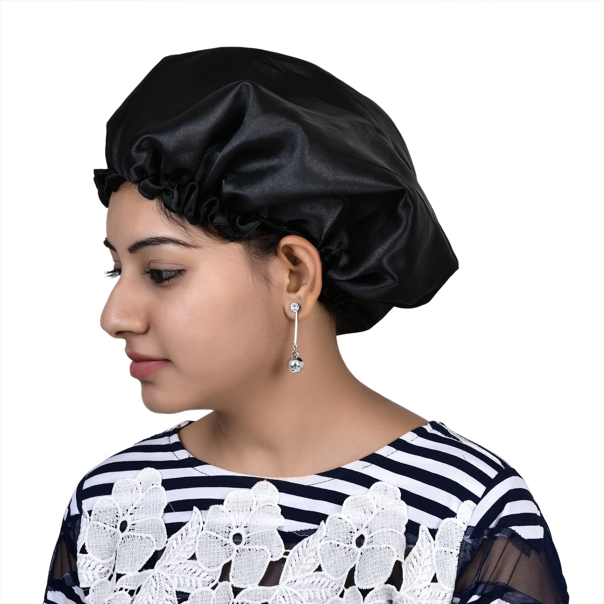 NNR Satin Silk Premium Hair Bonnet for Women & Girls - Double Layered Elastic Sleeping Cap - Black (Pack of 1) - Protect Hair While Sleeping & Styling