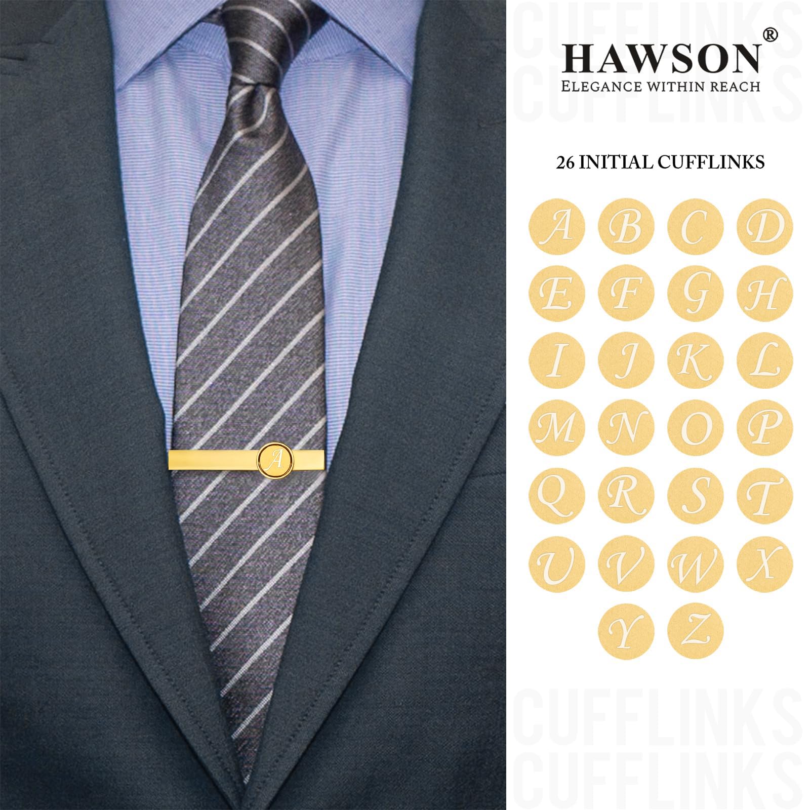 HAWSON 2 Inch Gold Engraved Letter Tie Clips & Cufflinks Set for Men - A-Z Monogram Formal Accessories for Business, Wedding & Special Occasions