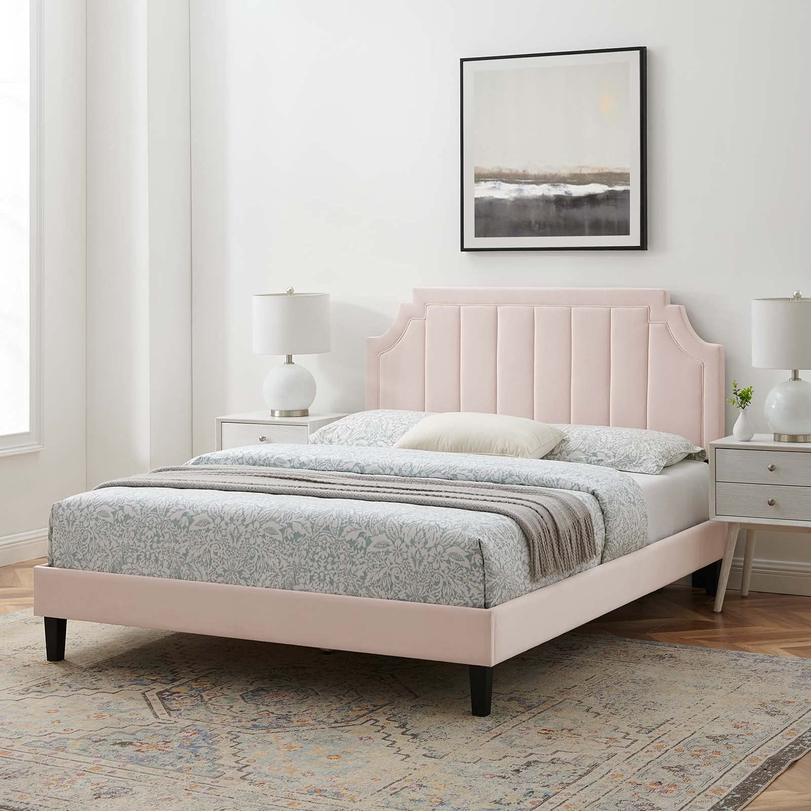 Modway Sienna Performance Velvet Queen Size Platform Bed Frame - Pink Velvet Upholstered Bed with Wooden Slat Support for Modern Bedroom Decor