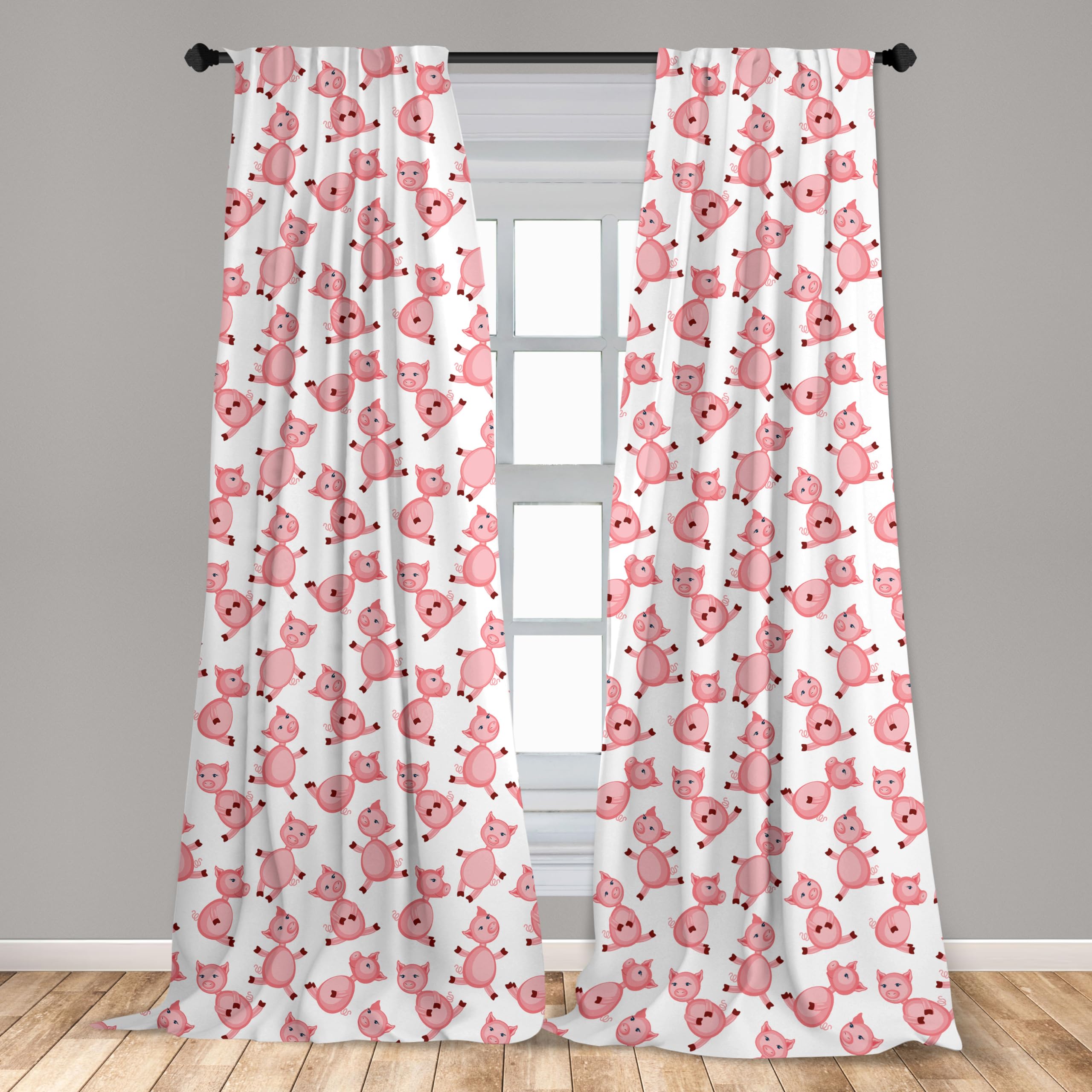 Ambesonne Pig Window Curtains - Cute Cartoon Sitting & Smiling Pigs Farm Animal Design, Lightweight Home Decor 2-Panel Set with Rod Pocket (28