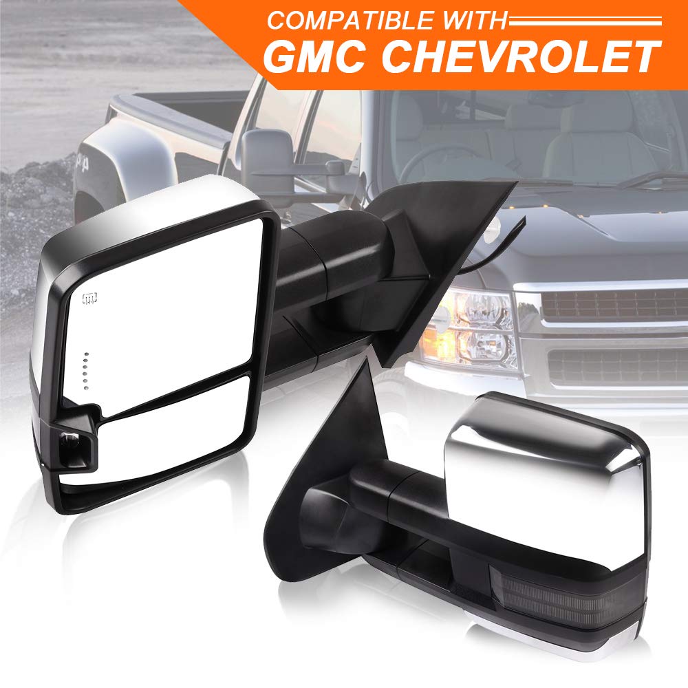 ROADFAR Towing Mirrors for GMC Sierra 2500/3500 HD (2015-2019) - Power Adjustable Heated LED Signal Mirrors with Puddle Light & Chrome Housing | Perfect for Towing, Camping & Heavy-Duty Truck Accessories