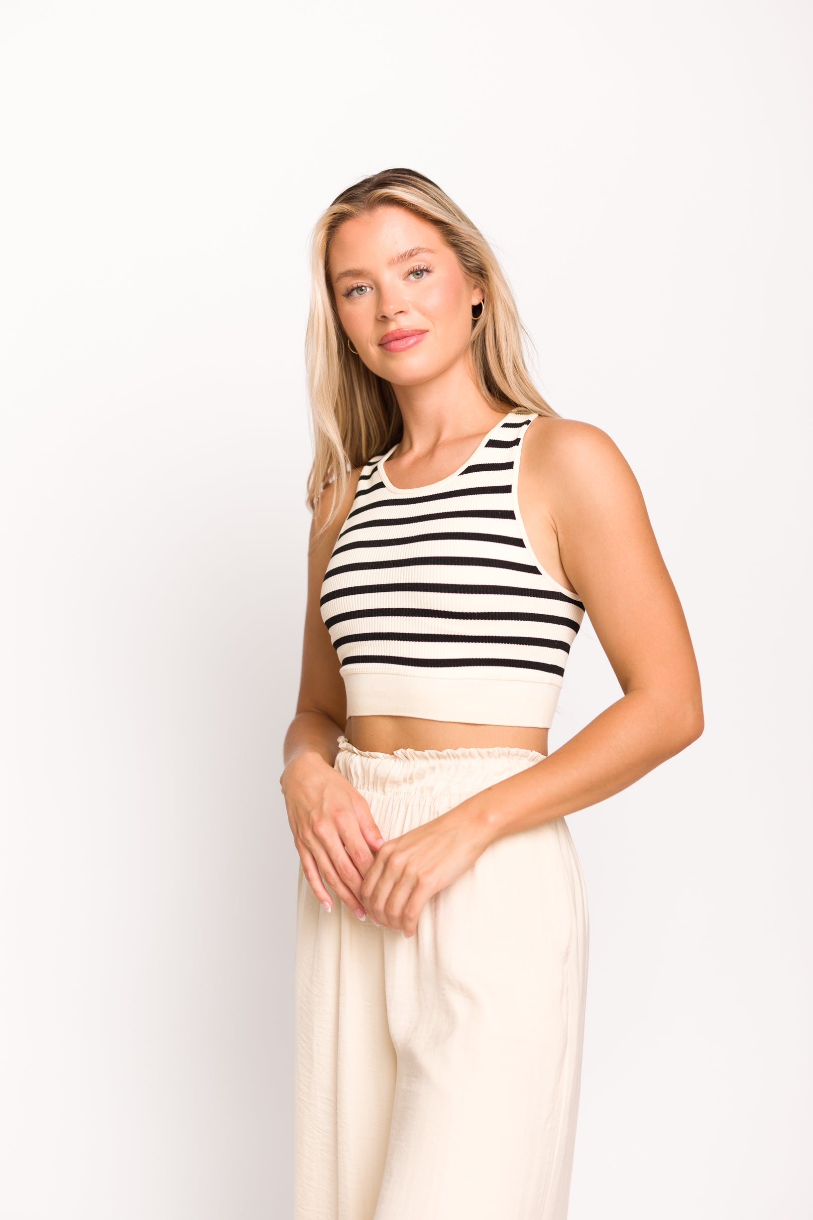 Seamless Knit Brami Top - Black/Ivory - Comfortable Stretchy Women's Casual Wear for Yoga, Lounge & Everyday Outfits