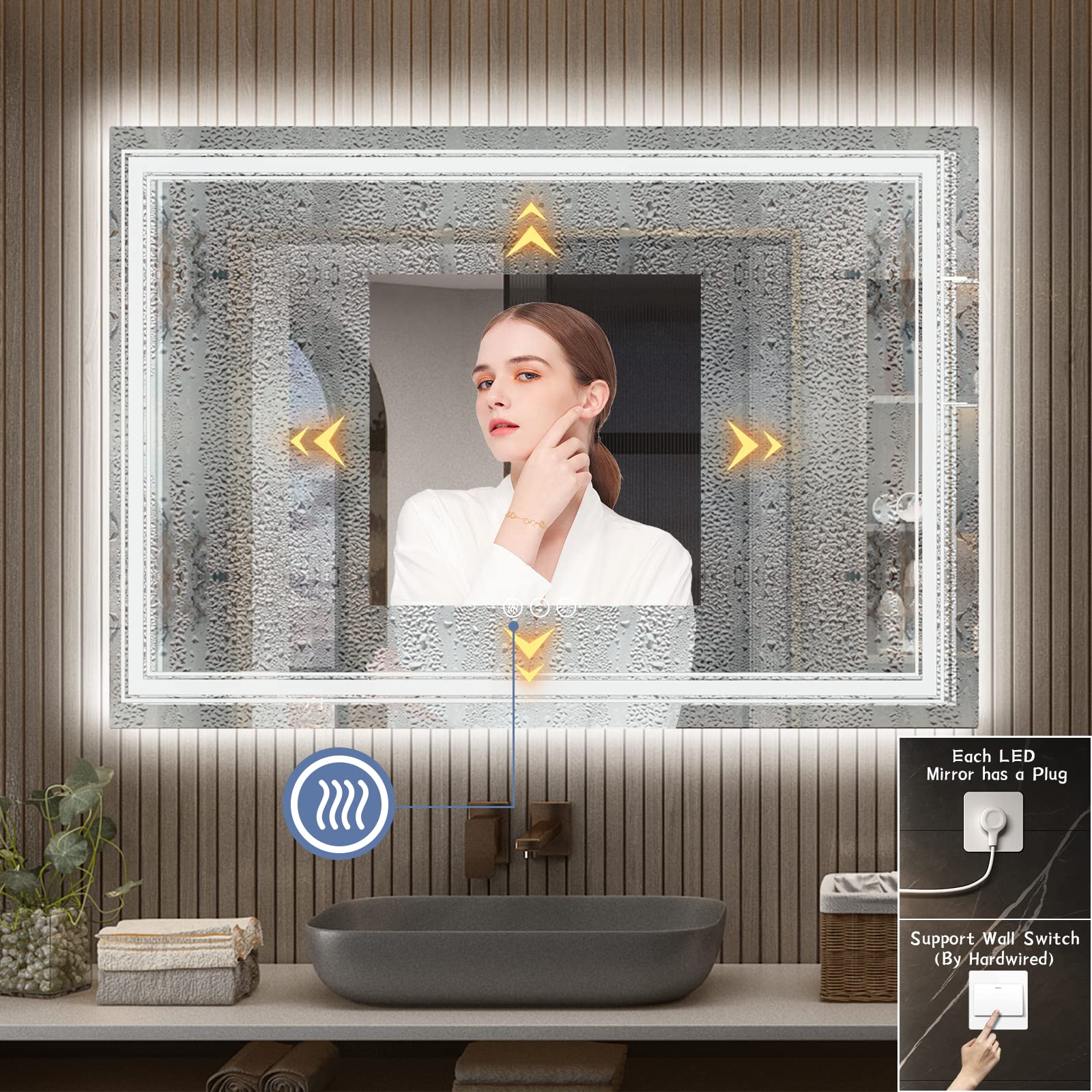 50x40 Inch LED Bathroom Mirror with Dimmable Backlit & Front Lights - Anti-Fog, Shatterproof, Memory Function (Horizontal/Vertical) - Perfect for Modern Bathrooms, Vanities and Makeup Areas