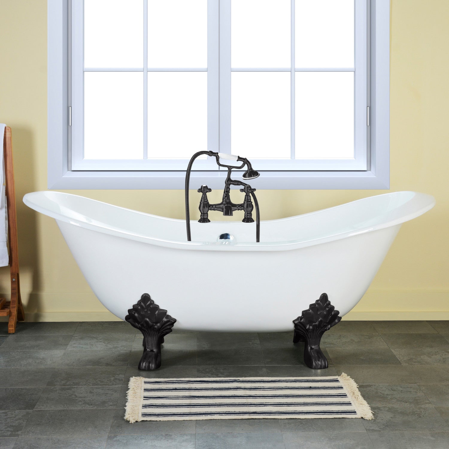Aqua Eden 72 Inch White Matte Black Cast Iron Oval Double Slipper Clawfoot Bathtub with 7 Inch Faucet Drillings - Vintage Freestanding Soaking Tub for Luxury Bathroom & Spa Relaxation