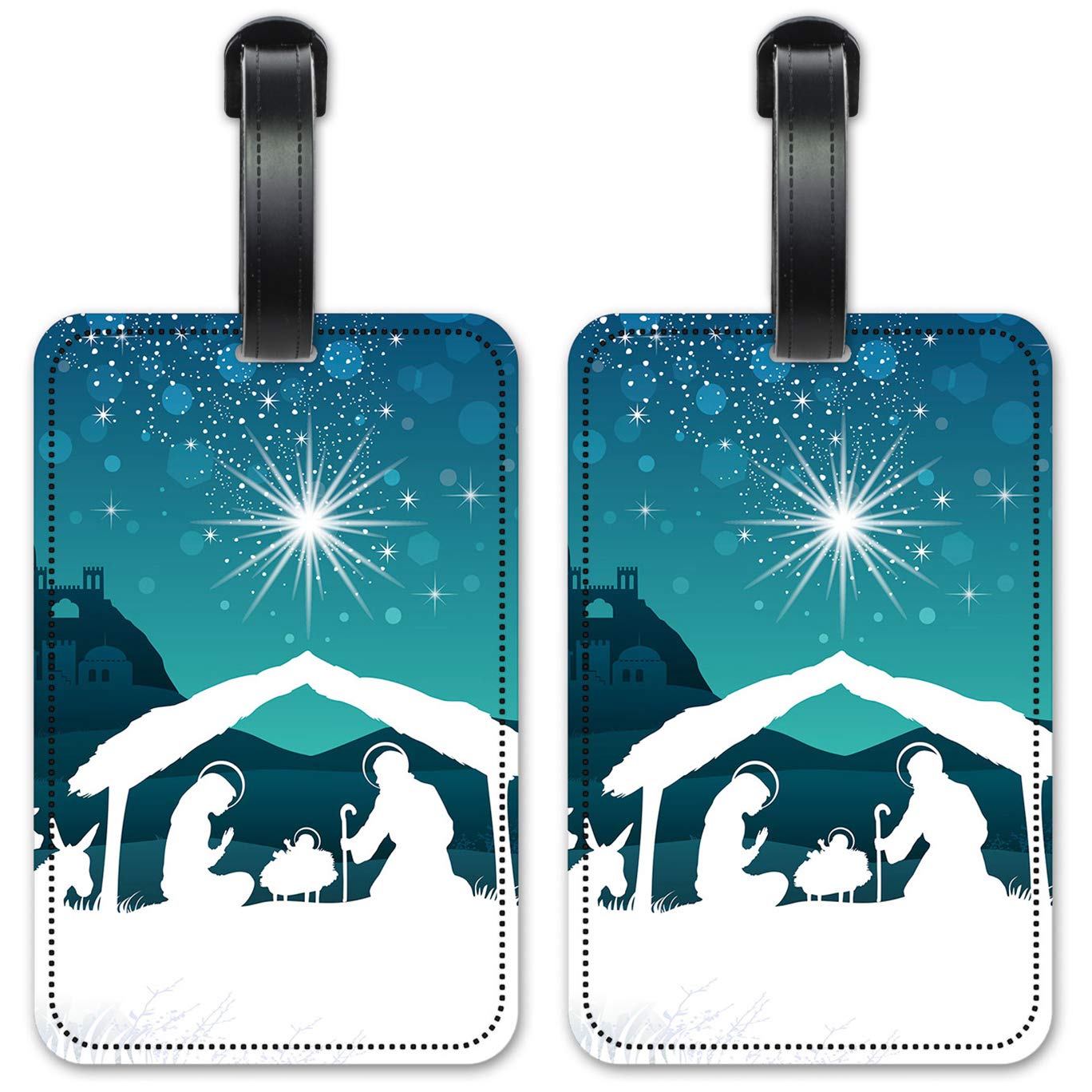 Religious Nativity Scene Luggage ID Tags - Personalized Suitcase Identification Cards Set of 2 - Perfect for Christmas Travel & Gift Giving