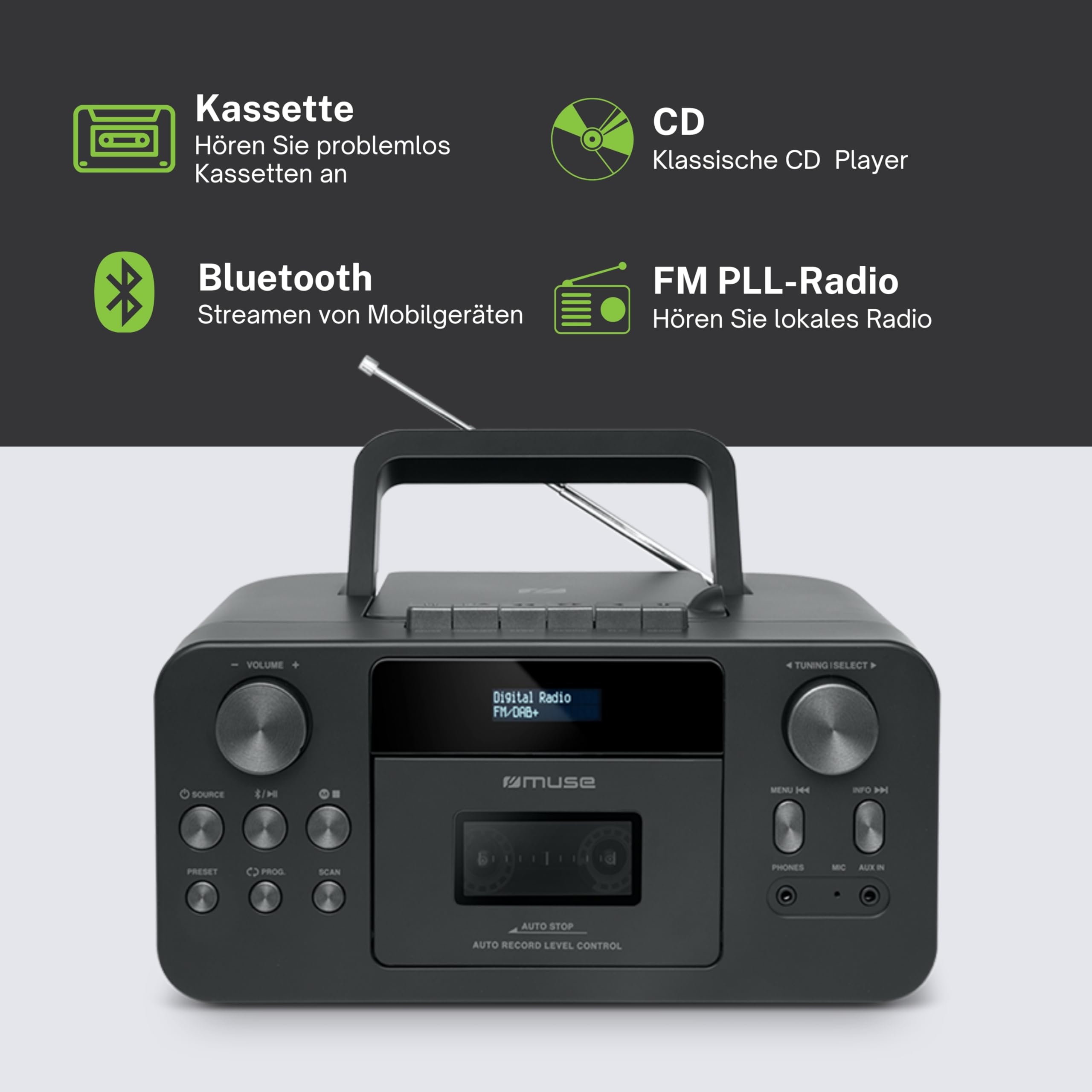 MUSE M-182 DB AM/FM Radio with Cassette Player and CD Player - Portable Stereo Boombox for Home, Office, and Outdoor Use