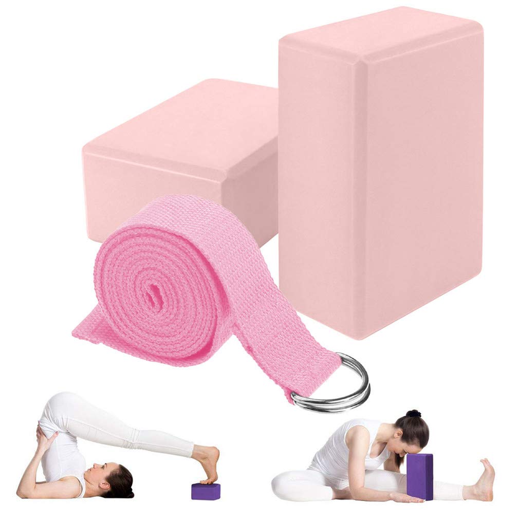 2PCS Non-Slip Yoga Blocks & Stretch Band Set - High Density EVA Foam Exercise Bricks with Metal D-Ring for Pilates, Gym, Ballet, Dance & Home Workout - Perfect for Beginners & Flexibility Training