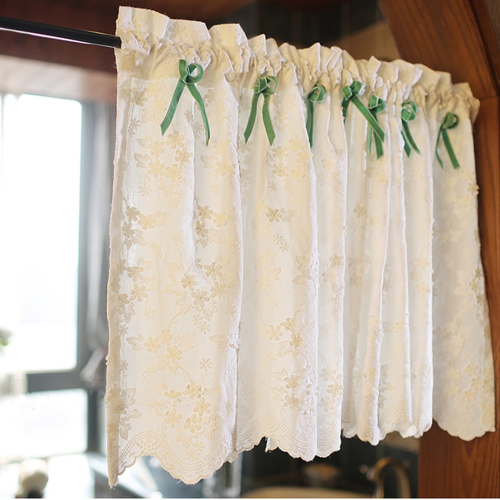 Elegant White Window Curtains with Bow Tie Accents - Floral Embroidered Valance Panels for Small Windows 43.3