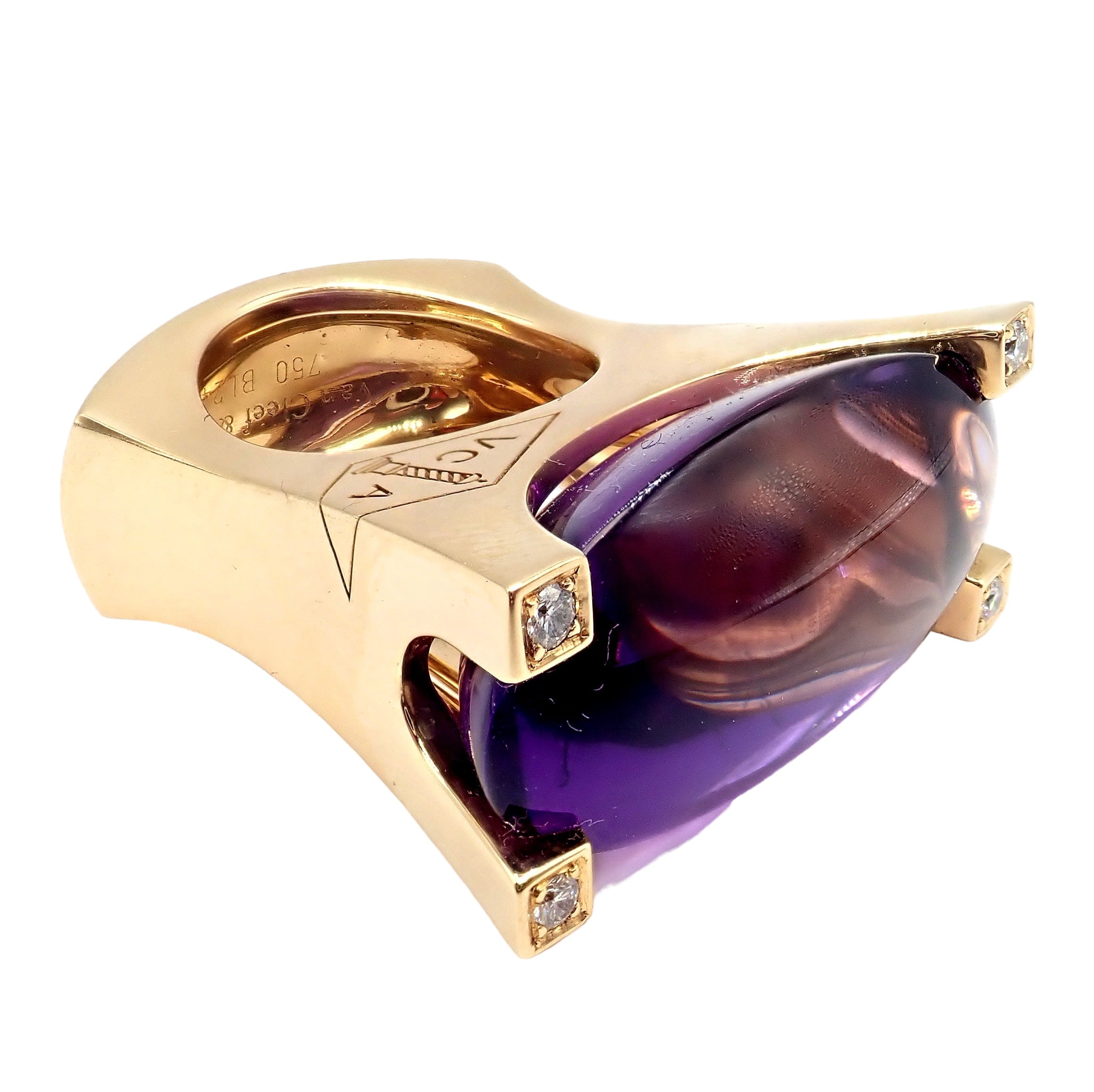 Authentic Van Cleef & Arpels 18k Yellow Gold Diamond Large Amethyst Ring for Women | Luxury Jewelry Gift for Anniversary, Engagement & Special Occasions