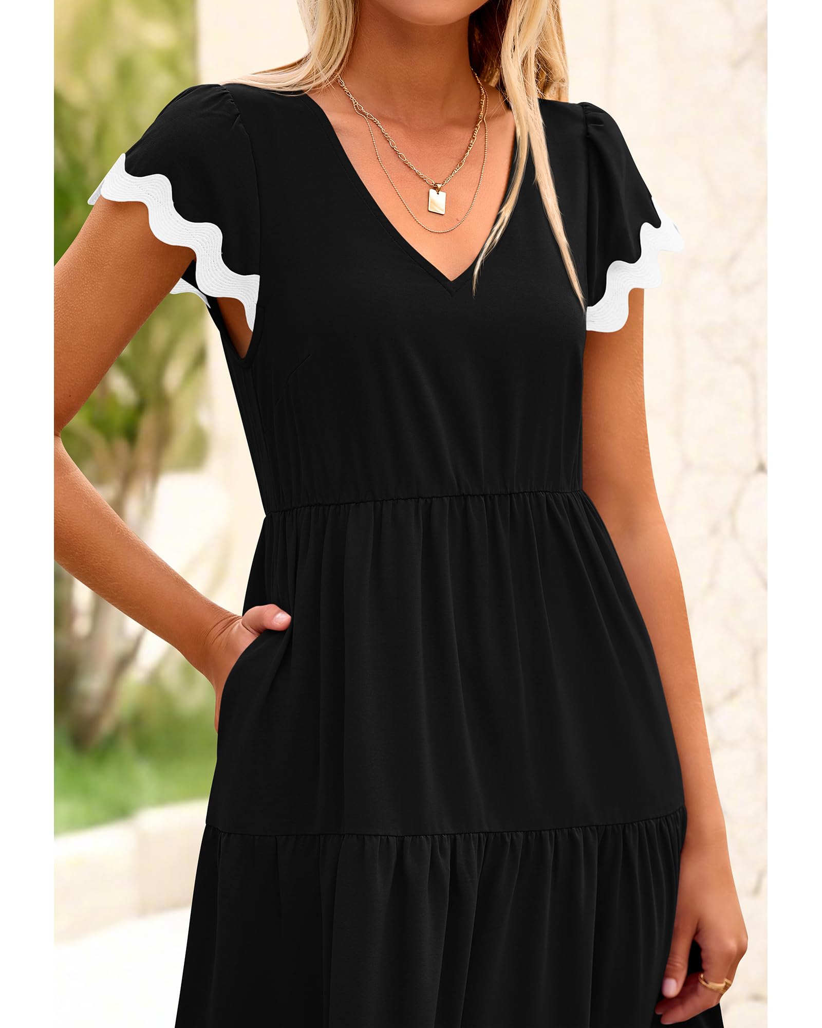 BTFBM Women's Flowy V-Neck Cap Sleeve Midi Dress with Pockets - Summer Beach Vacation Dress 2025 - Perfect for Casual Outings, Beach Getaways and Summer Parties
