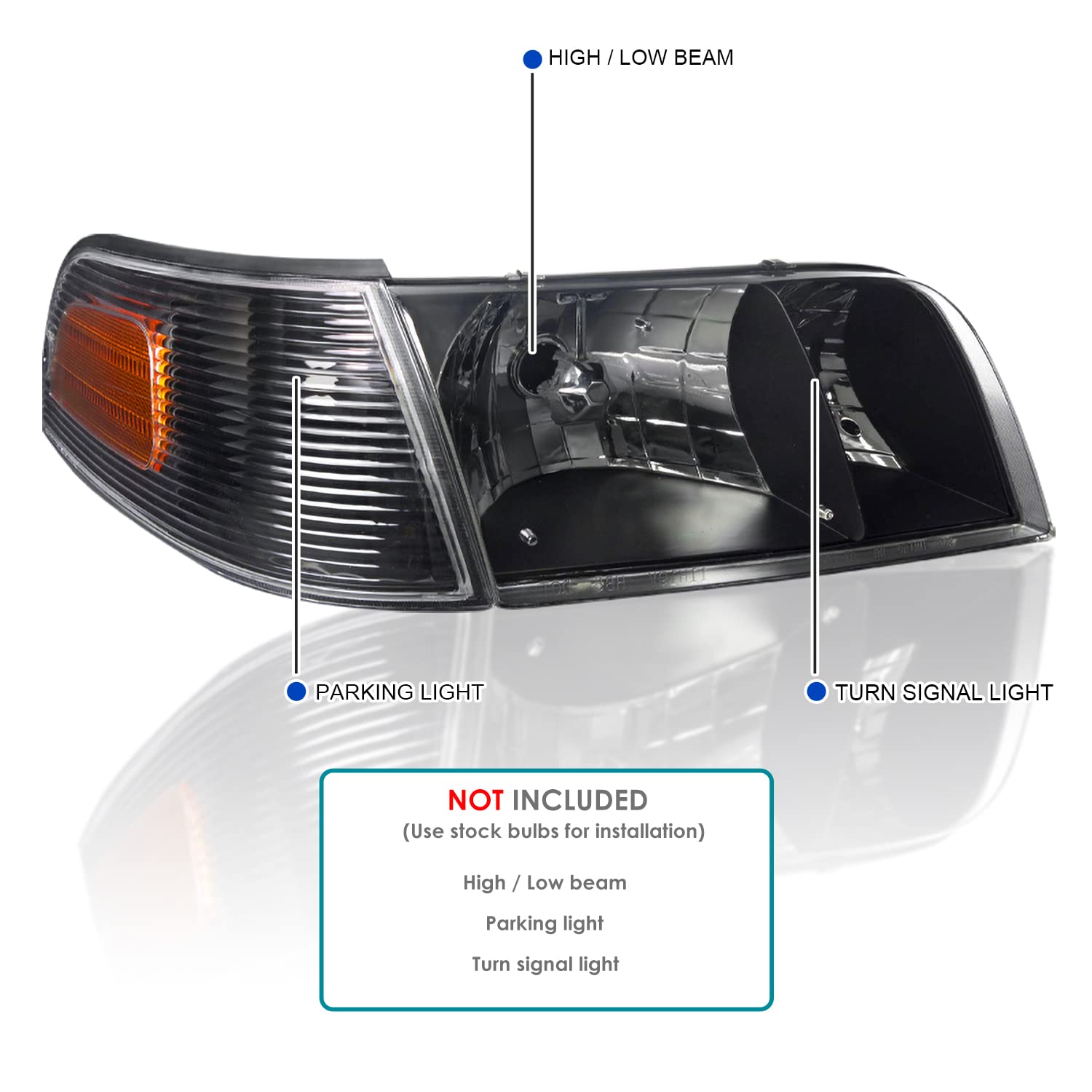 Spec-D Tuning Black Housing Clear Lens Headlights & Corner Lights for 1998-2011 Ford Crown Victoria - Left & Right Pair Headlight Assembly - Upgrade Your Ride for Night Driving & Enhanced Style