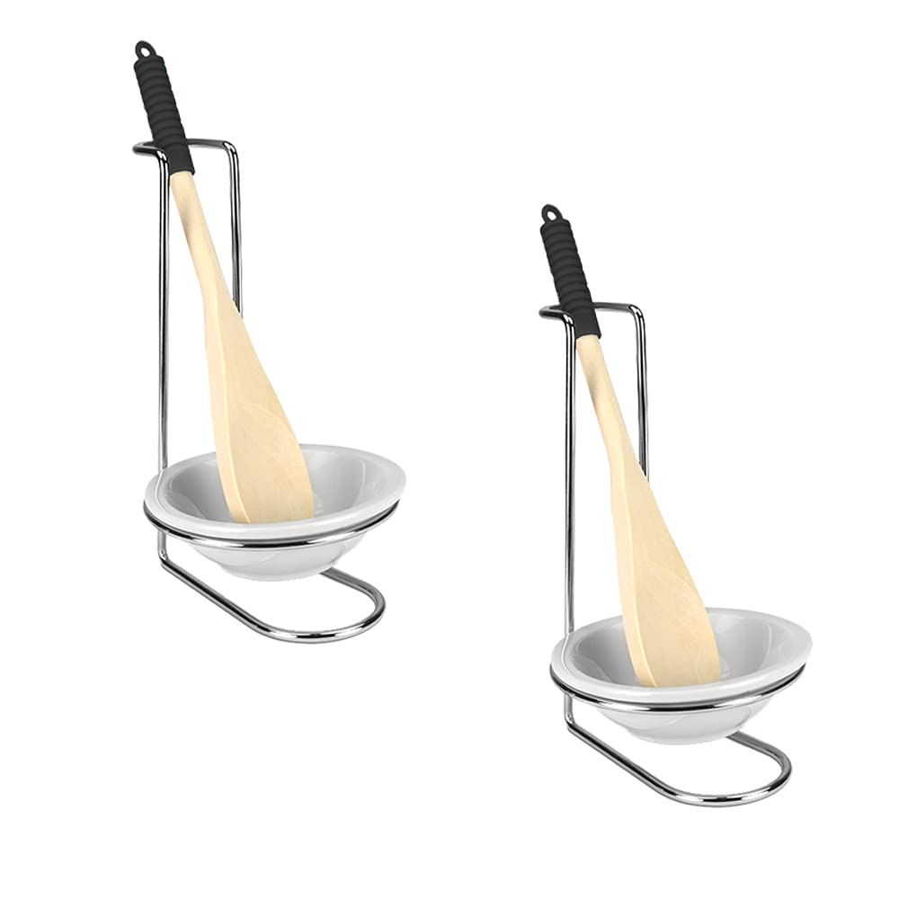 Home Basics Standing Spoon Rest with Ceramic Tray & Wooden Spoon Holder - Kitchen Countertop Organizer for Spatula, Ladle & Utensils - Chrome Finish (2-Pack, Ceramic) - Perfect for Stovetop, Cooking & Meal Prep