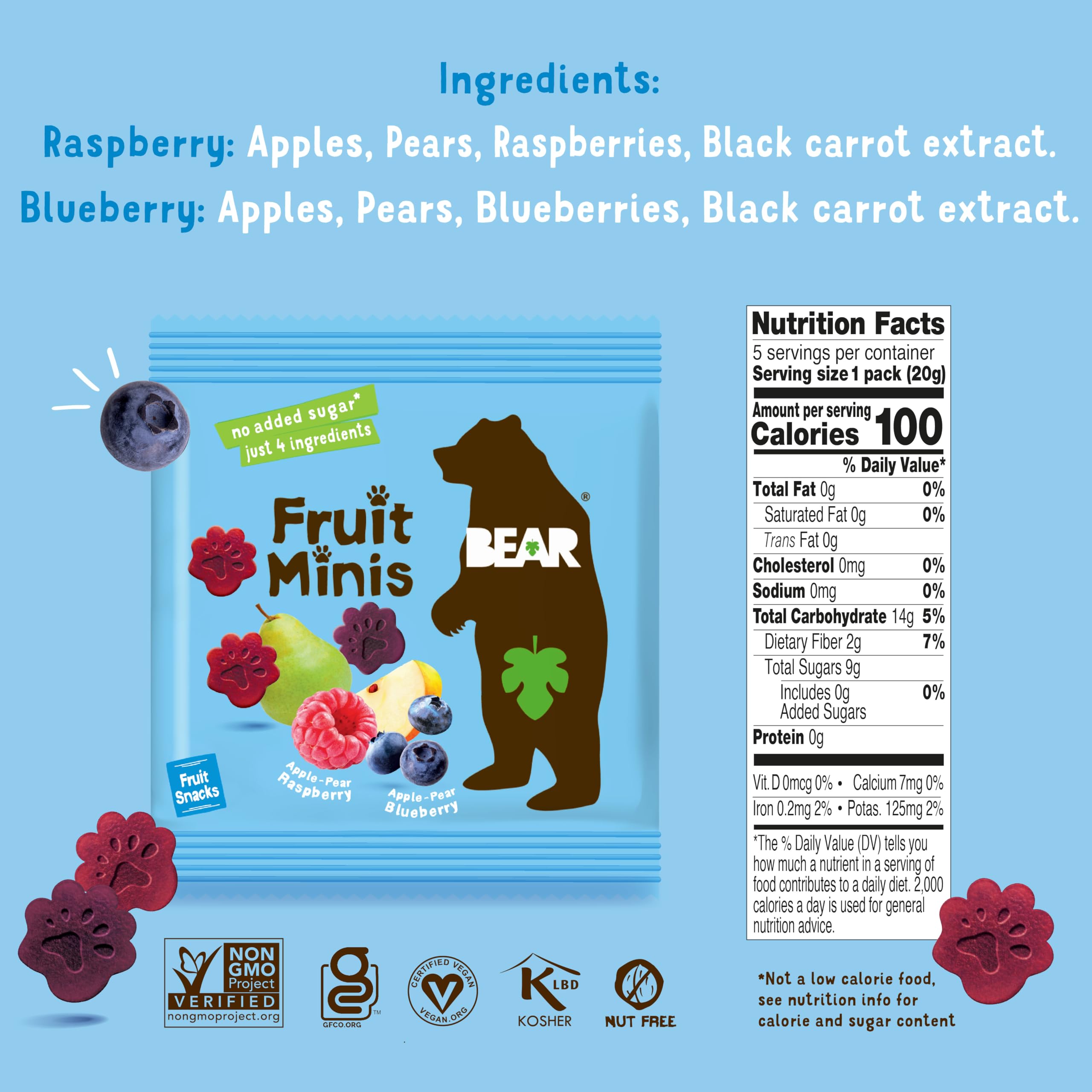 BEAR Real Fruit Snack Minis - Raspberry & Blueberry, No Added Sugar, All Natural, Non-GMO, Gluten Free, Vegan, Bite-Sized Healthy Snacks for Kids (3.5 oz) - Perfect for Lunchboxes, After-School Treats & On-the-Go Snacking