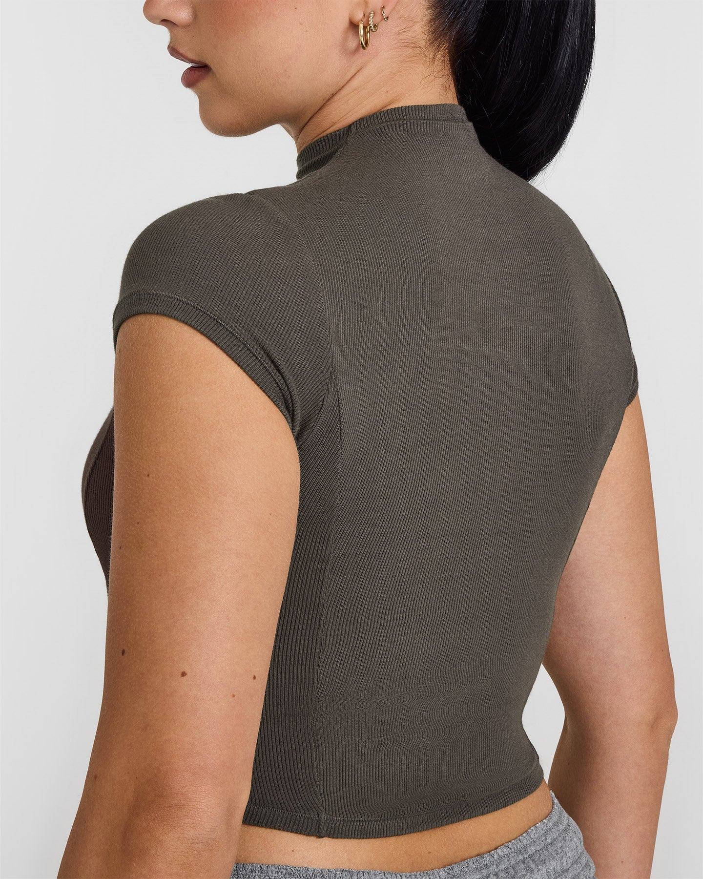 Mellow™ Rib Mid Mock Neck T-Shirt for Women - Soft Stretch Comfort Fit Casual Tee in Deep Taupe | Perfect for Everyday Wear, Layering & Office Outfits
