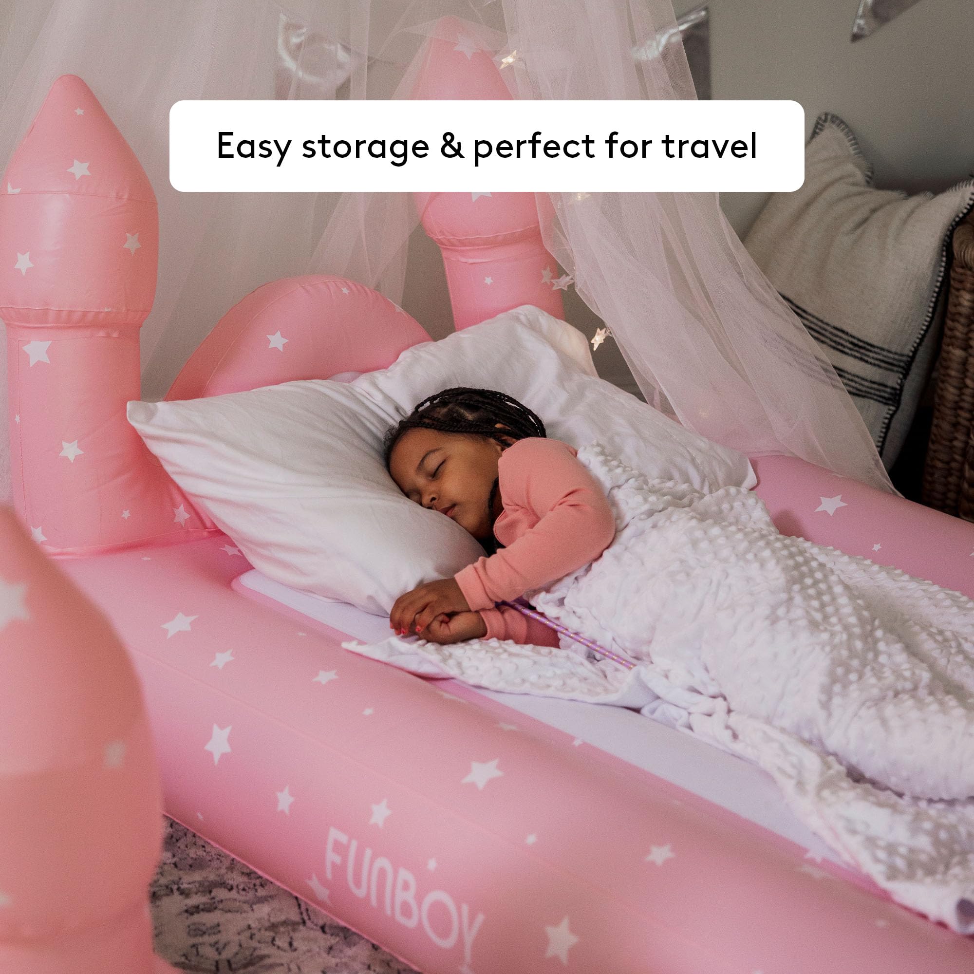Funboy Kids Pink Castle Inflatable Travel Bed with Air Mattress - Portable Sleepover Bed for Girls, Includes Carry Bag - Perfect for Slumber Parties, Camping & Indoor Play (Twin Size)