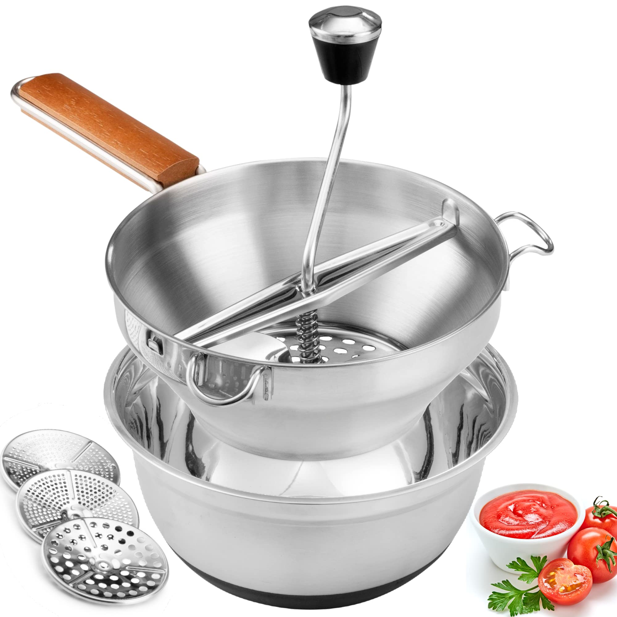 3-in-1 Stainless Steel Food Mill with 3 Grinding Discs & Mixing Bowl - Hand Crank Grain Mill for Mashing Potatoes, Straining Fruits & Grating Vegetables - Perfect for Baby Food, Purees & Homemade Sauces - Ideal for Kitchens, Restaurants & Food Preparation