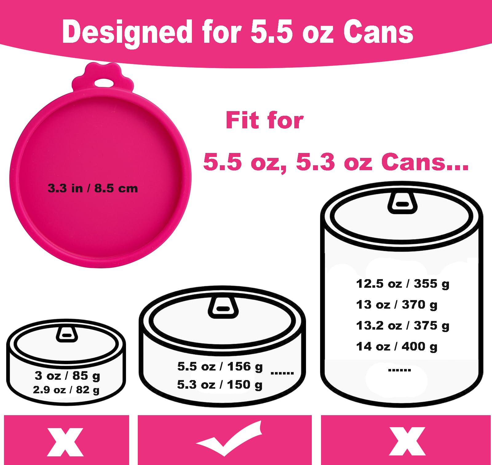 Reusable Silicone Cat Food Can Lids for 5.5 oz & 5.3 oz Cans - 2 Pack Pet Food Can Covers, Wet Food Savers (Hot Pink) - Perfect for Freshness & Portion Control