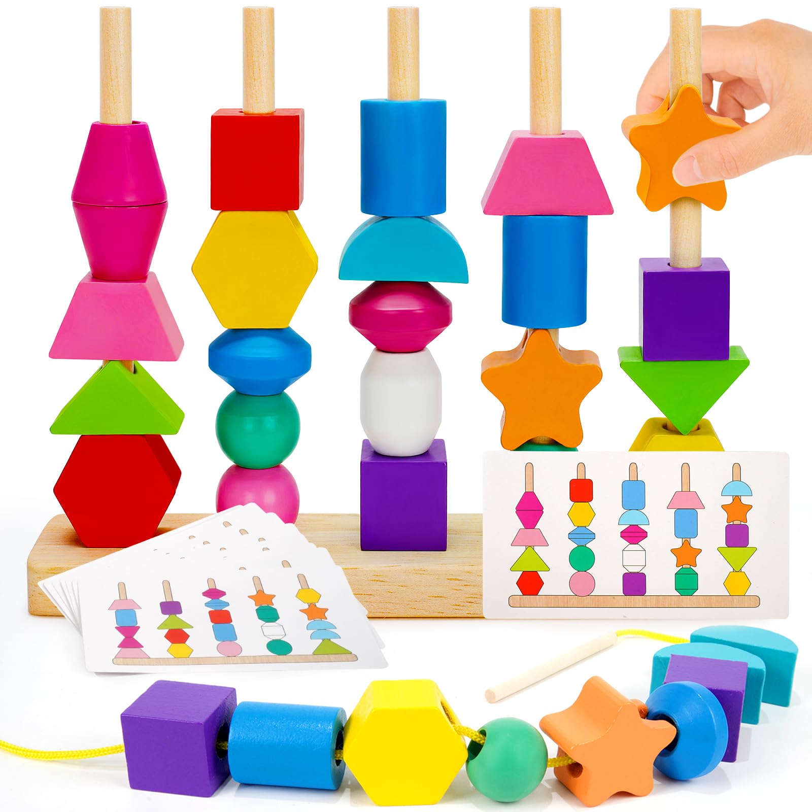Montessori Wooden Beads Sequencing Toy Set for Toddlers Ages 2-4 - STEM Preschool Learning Toy with Lacing Beads, Stacking Blocks & Shape Matching - Perfect Birthday Gift for Boys & Girls | Classroom & Homeschool Educational Activities