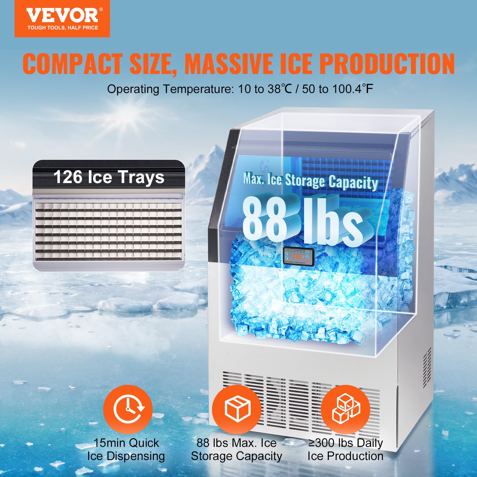 VEVOR Commercial Ice Maker Machine 300LBS/24H, 88LBS Storage Capacity, Makes 126 Ice Cubes in 12-15 Minutes - Perfect for Bars, Home, Office, Restaurants, Cafes, and Parties
