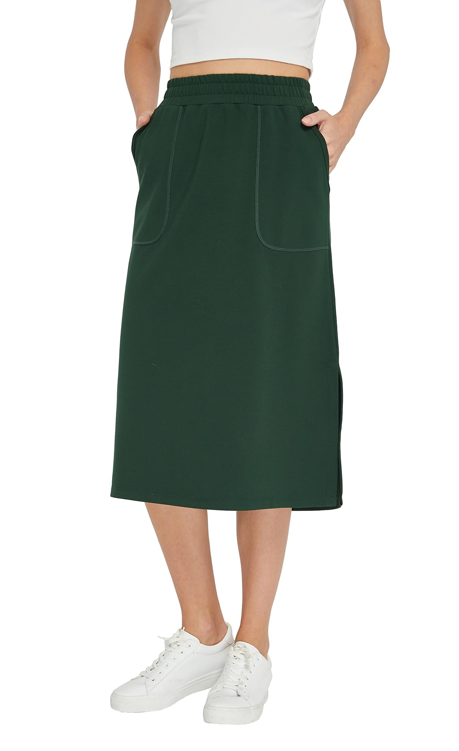 Women's High Waist Athletic Side-Slit Midi Skirt with Pockets - Sports, Casual & Modest Maxi Straight Skirt for Yoga, Running & Everyday Wear