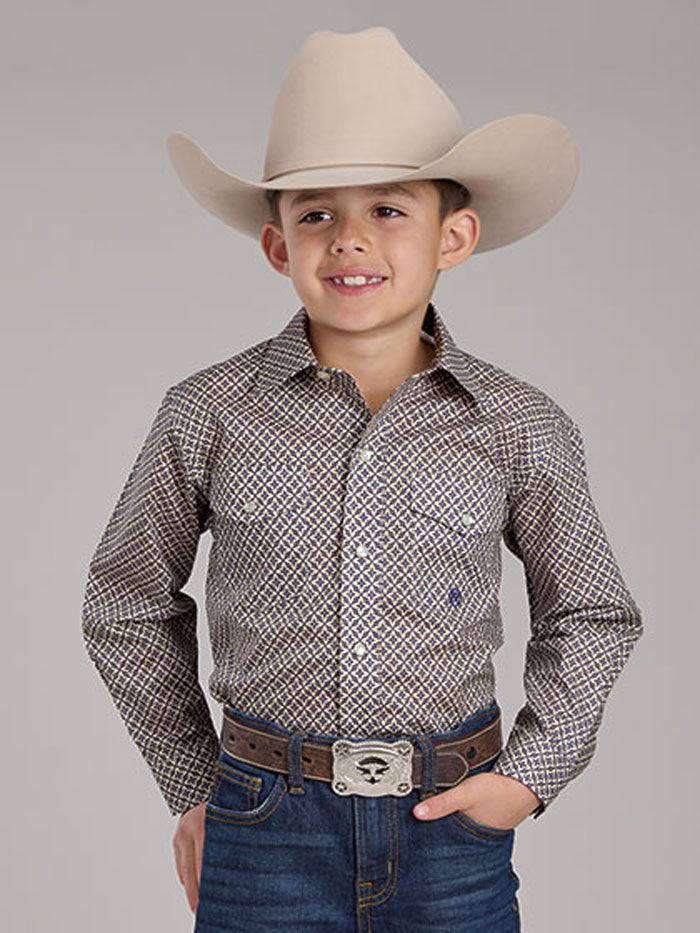 Roper Kids Long Sleeve Snap Shirt - Mirage Amarillo Collection in Blue & Tan (Size 03 030 0225 3024) | Perfect for School, Playdates & Outdoor Activities