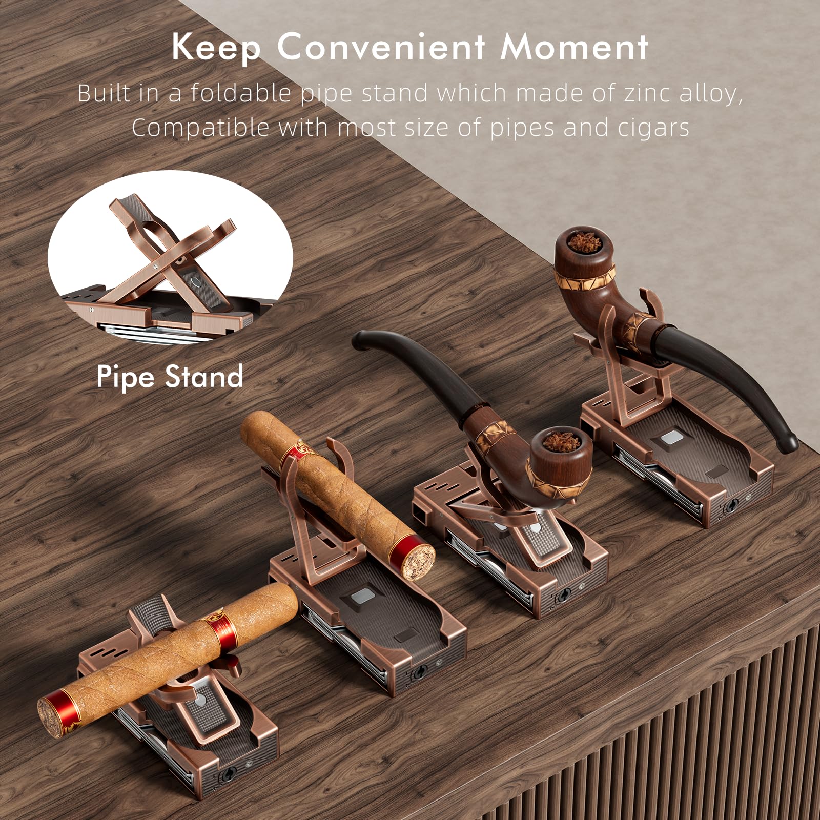 Refillable Butane Pipe Lighter with Stand - 3-in-1 Cleaning Tools & Angled Soft Flame - Perfect Smoking Accessory for Pipe Enthusiasts - Ideal Gift for Father's Day & Christmas (Bronze) - Great for Relaxing at Home or Outdoor Smoking Sessions