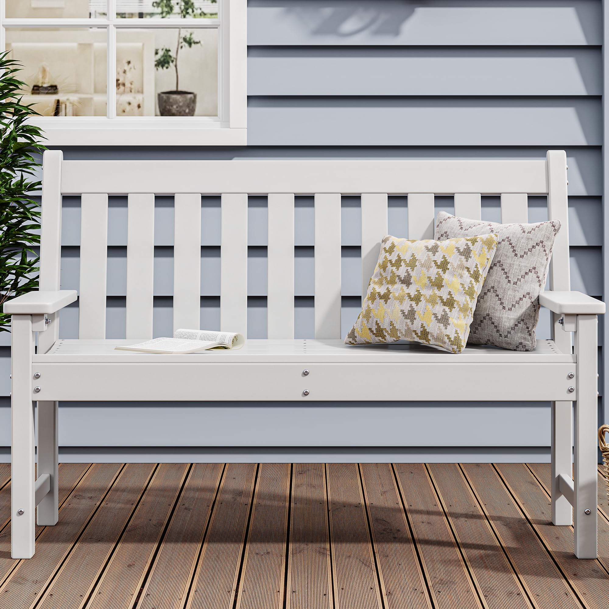 YITAHOME 3-Person All-Weather Outdoor Garden Bench - Fade & Rot Resistant Patio Bench for Park, Porch, Backyard - Perfect for Relaxing, Entertaining & Outdoor Decor (White)