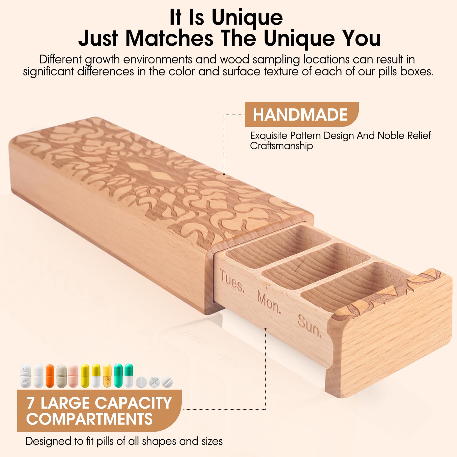 7-Day Wooden Weekly Pill Organizer - Daily Pill Box for Medication Tracking, Travel-Friendly & Safe, Compact Design for Easy Portability (Light) | Perfect for Home, Office, and Travel Use