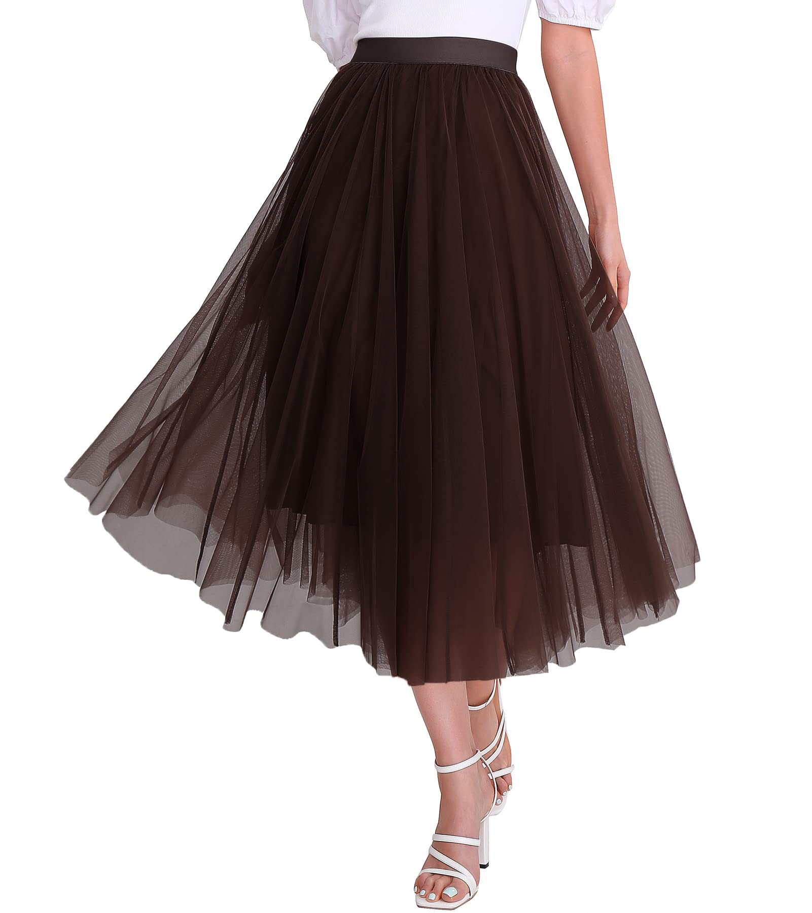 Women's High Waist Tulle Midi Skirt - Elastic Waistband, Pleated Mesh A-Line Tutu Skirt for Party, Wedding, Prom, Dance & Special Occasions