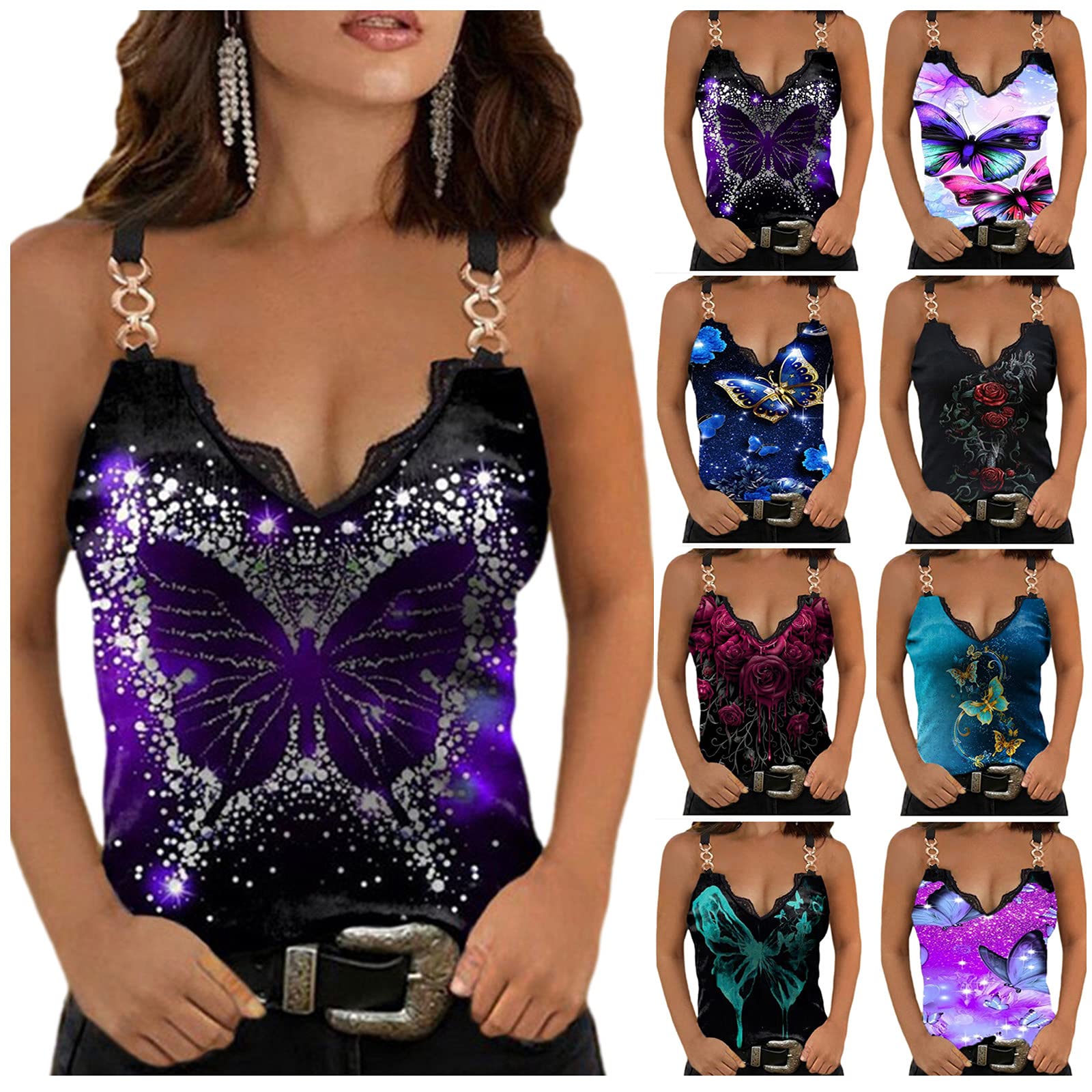Women's Summer Lace Splicing Tank Tops - Butterfly Graphic Sleeveless Blouse & Cami Shirts for Casual Wear, Beach Outfits, and Summer Fashion