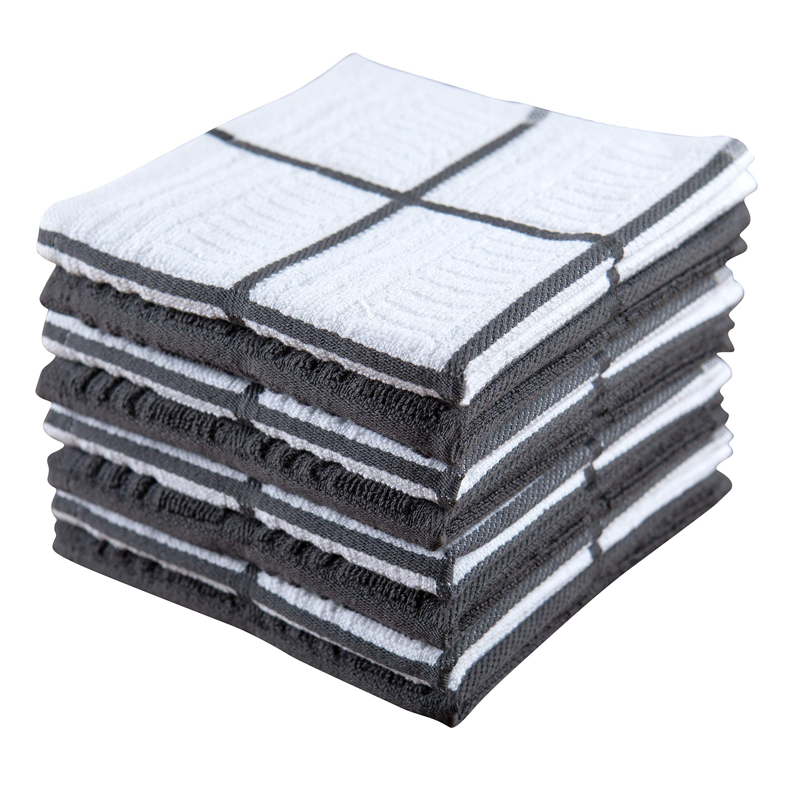Premium 100% Cotton Kitchen Towels Set of 8 - Absorbent Gray & White Dish Cloths, Reusable Tea Towels & Cleaning Rags (12x12 Inches) | Oeko-Tex Certified | Perfect for Dish Drying, Counter Wiping & Hand Towels