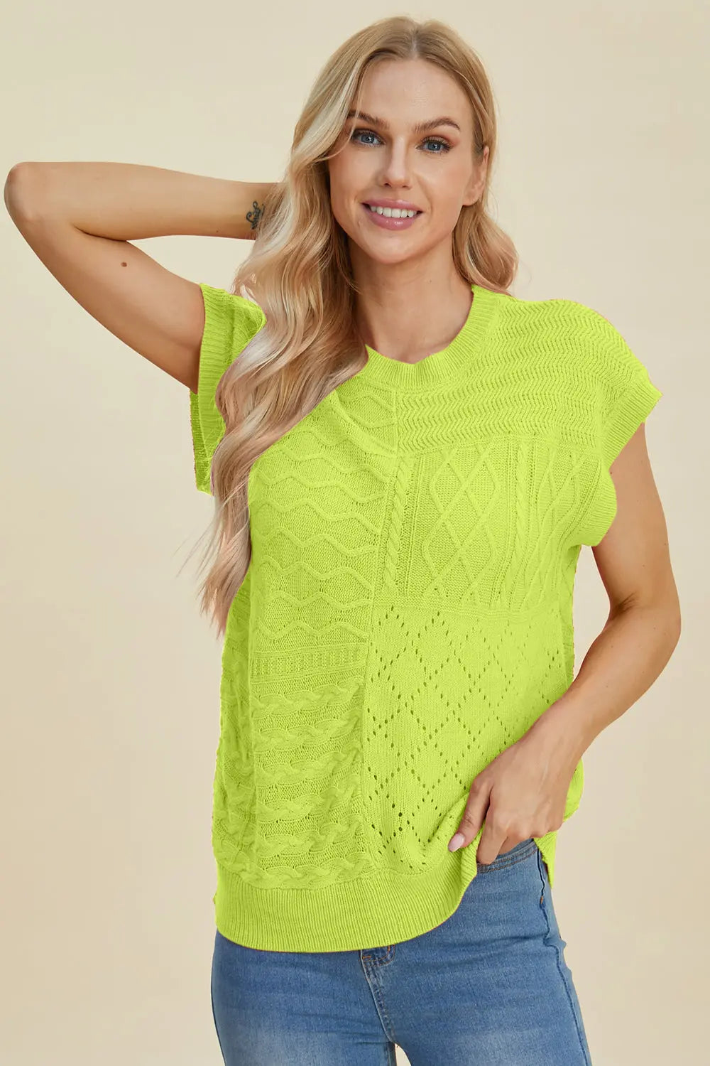 Double Take Full Size Cable Knit Round Neck Cap Sleeve Sweater for Women - Cozy Winter Pullover for Office, Date Night & Casual Outfits