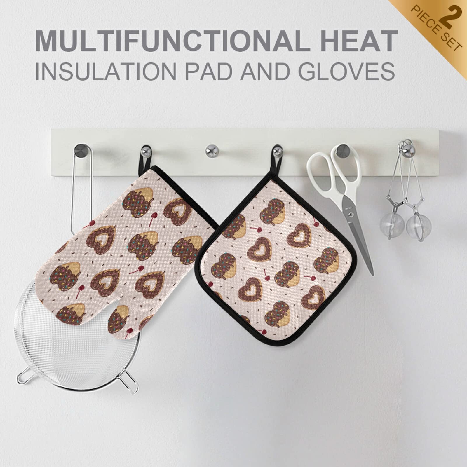 QUGRL Valentine's Day Donut Hearts Oven Mitts and Pot Holders Set - Heat Resistant Kitchen Gloves for Baking, Cooking, BBQ & Hot Pads - Perfect for Valentine's Gifts, Home Kitchen & Holiday Cooking
