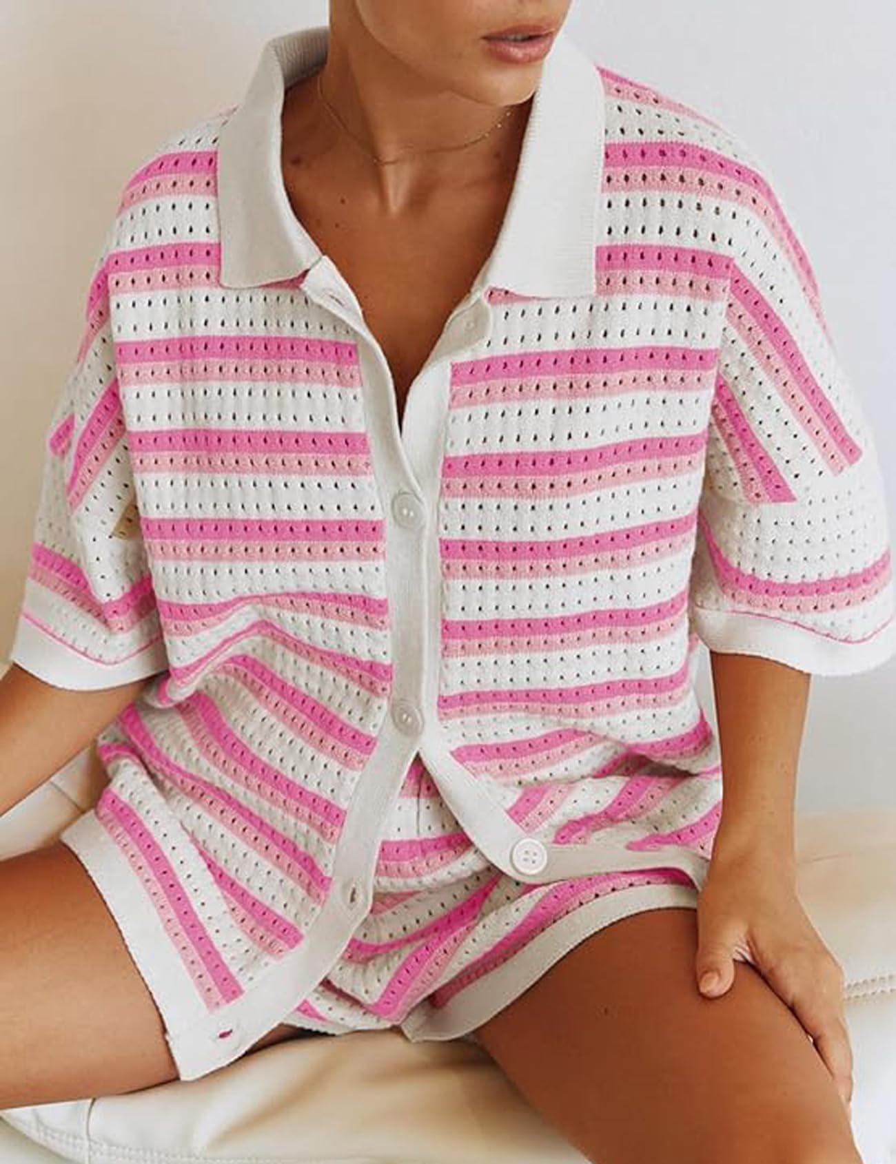 Perbai Women's Summer 2 Piece Knit Lounge Set - Striped Sweater & Shorts Outfit with Lapel Button Shirt Matching Set | Comfortable Casual Wear for Home, Vacation & Relaxation
