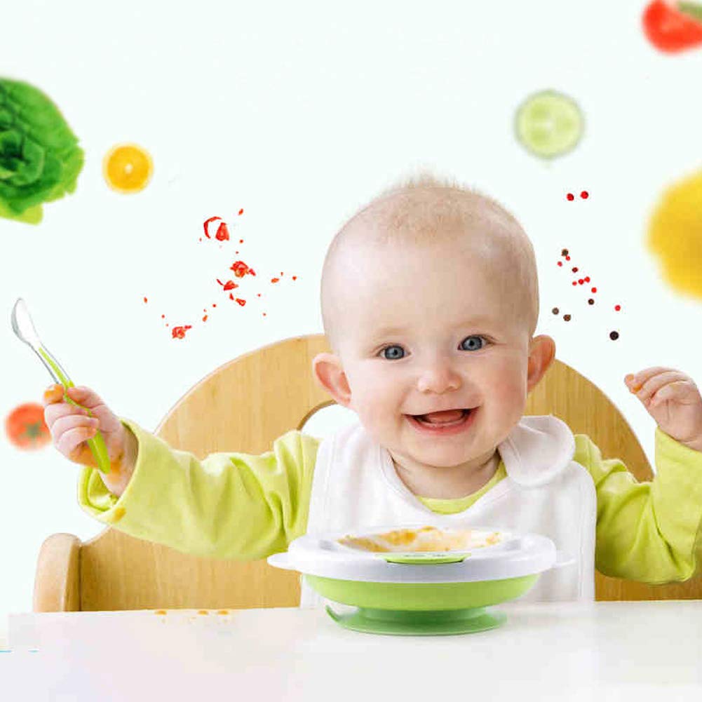 Matyz 2-Pack Baby Feeding Suction Warm Plate with Divided Sections - Non-Slip Toddler Dish with Drain & Dry Design - Includes 2 Plates & 4 Spoons - Microwave & Dishwasher Safe (Green) - Perfect for Home, Daycare & Travel Meals