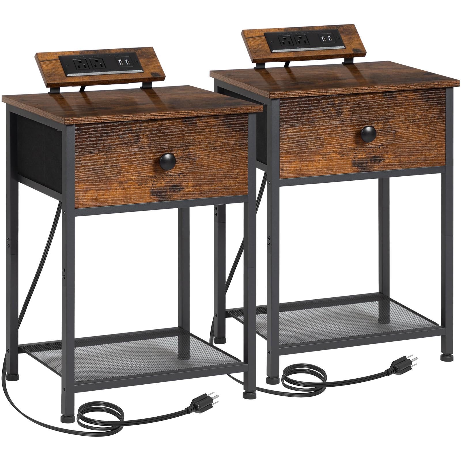 AMHANCIBLE Night Stand Set of 2 - Modern End Tables with Charging Station & Fabric Storage Drawer, Slim Bedside Tables for Small Spaces - Perfect for Bedroom, Living Room, or Office (Brown, HET03SDPBR)