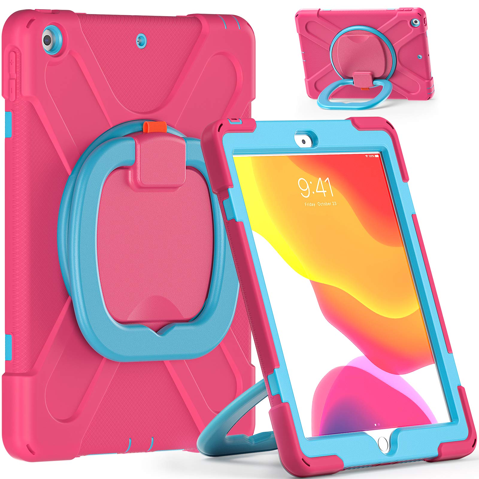 Heavy Duty Shockproof iPad Case with Pencil Holder & Shoulder Strap - Compatible with iPad 9th/8th/7th Gen 10.2 Inch (2021/2020/2019 Models) - Ring Shield Series in Pink & Light Blue - Perfect for School, Work & Travel Protection