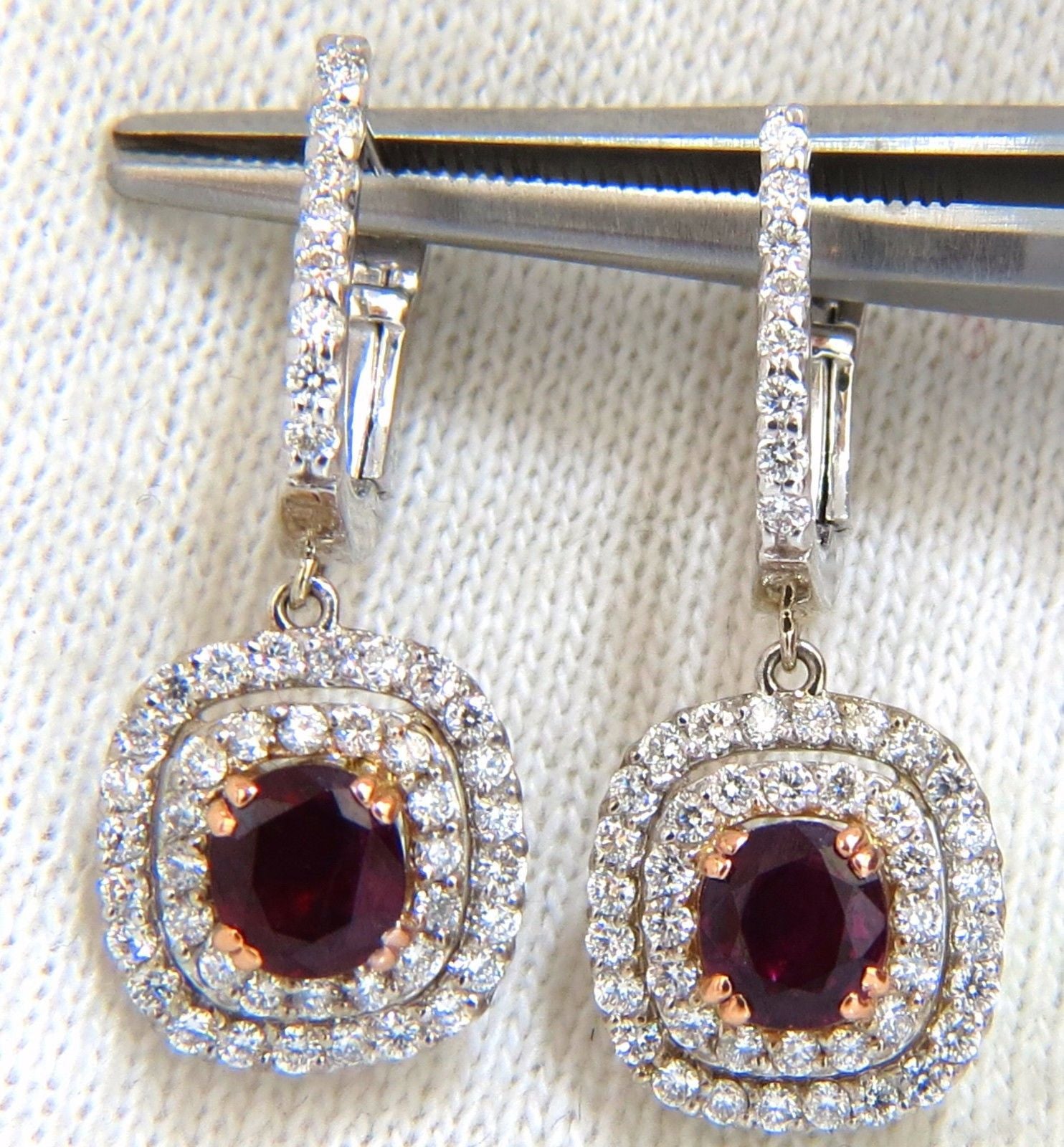 2.70ct Natural Deep Red Ruby Diamond Double Halo Dangle Earrings in 14K Gold - Elegant Jewelry for Weddings, Parties & Special Occasions