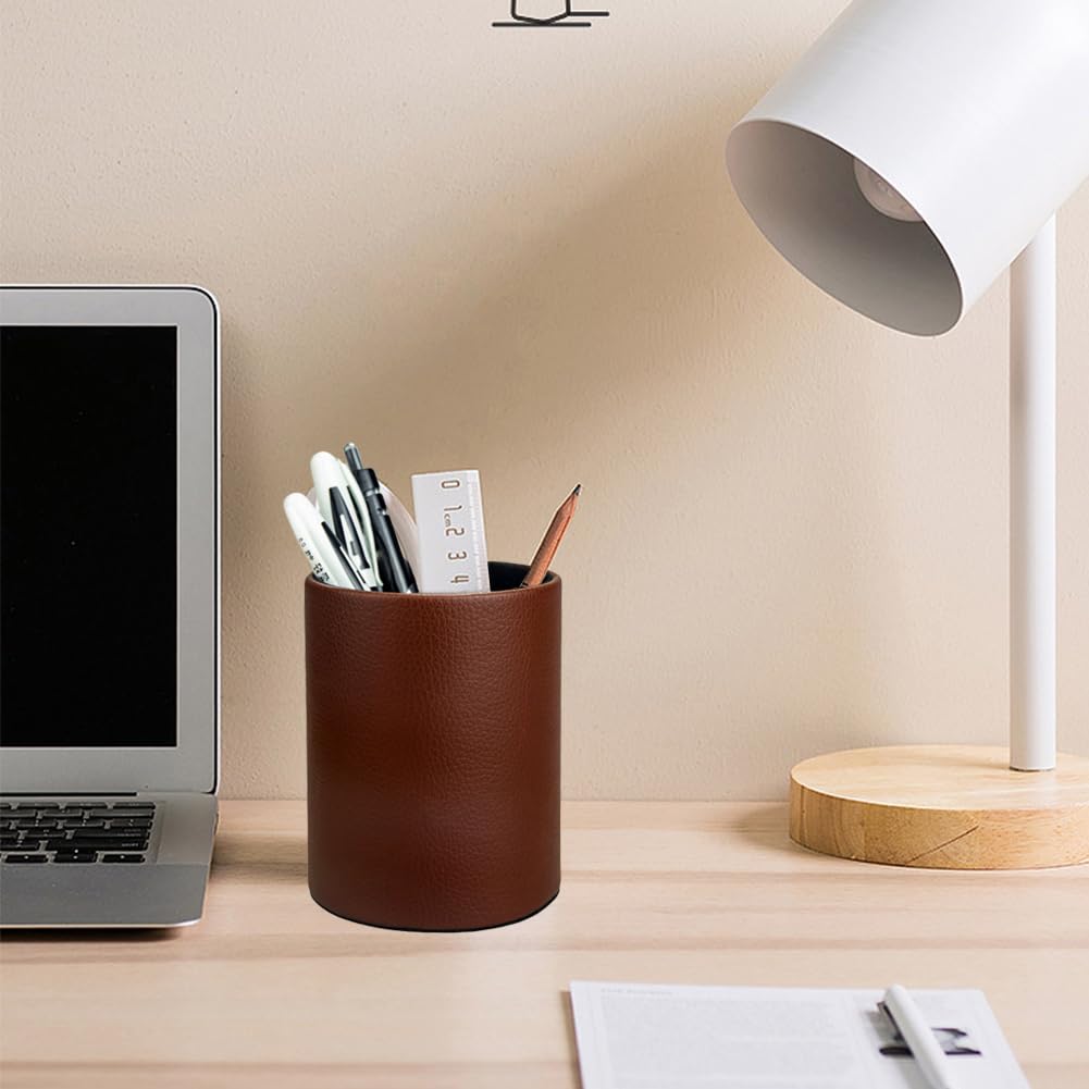 Premium PU Leather Pen & Pencil Holder - Desk Organizer Cup for Brushes, Scissors & Office Supplies (3.3