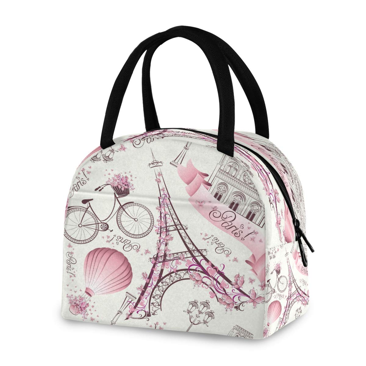 Insulated Lunch Box Bag with Paris Eiffel Tower Floral Design - Leakproof Cooler Lunch Container for Work, School & Picnics - Portable Tote Handbag for Women, Men & Kids - Perfect for Cycling, Office & Outdoor Activities