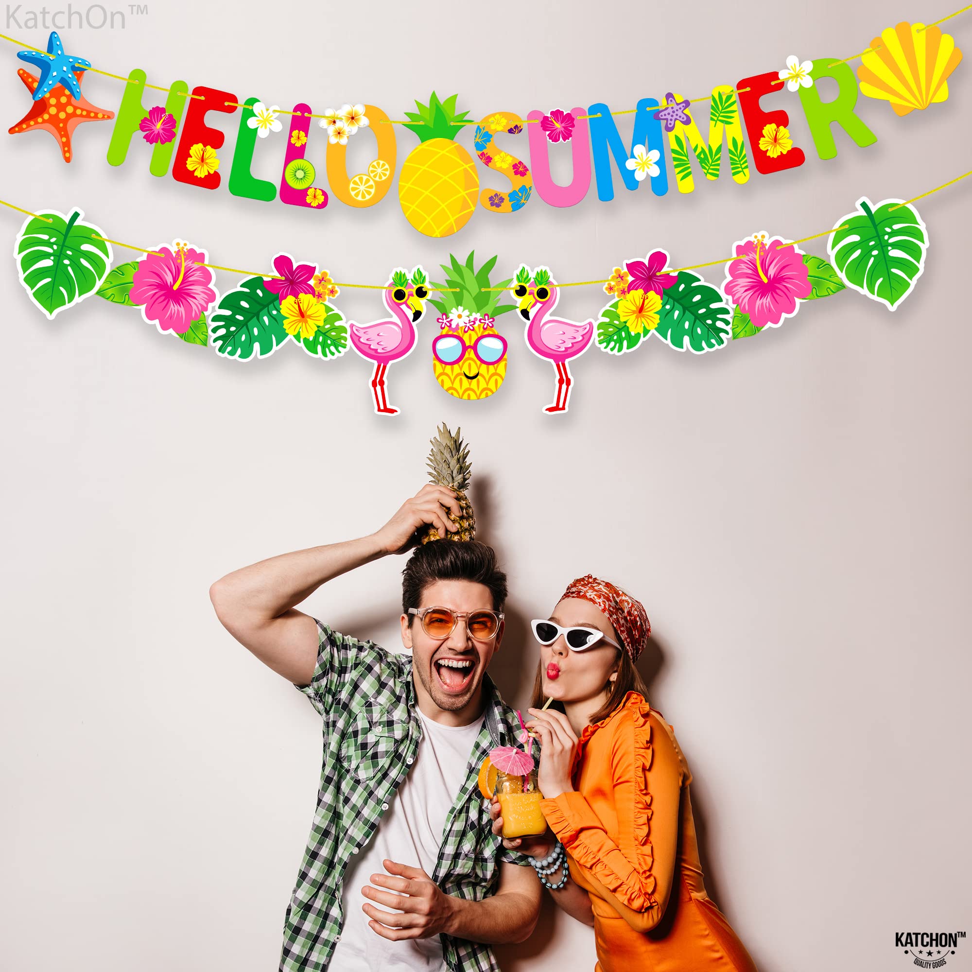 KatchOn Pre-Strung 10ft Hello Summer Banner - Flamingo Garland for Luau, Beach & Tropical Party Decorations | Perfect for Summer Parties, Backyard BBQs & Poolside Celebrations