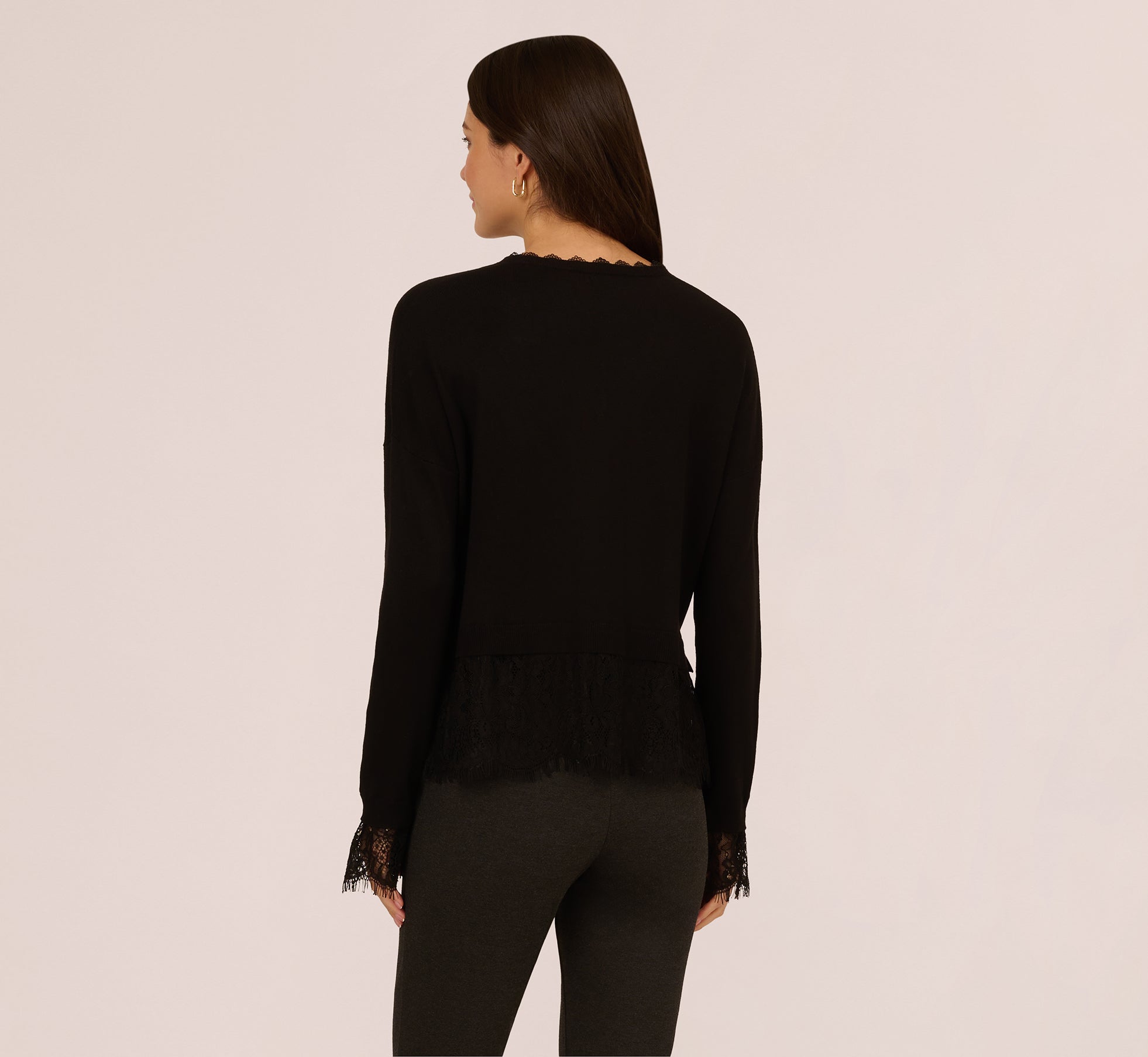Black V-Neck Lace Trim Twofer Sweater for Women - Elegant Layering Top for Office, Date Night & Casual Outfits