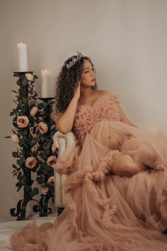 Puffy Tulle Maternity Robe - Ruffled V-Neck Bridal Lingerie & Bathrobe for Baby Shower, Photoshoot, Honeymoon & Spa Day