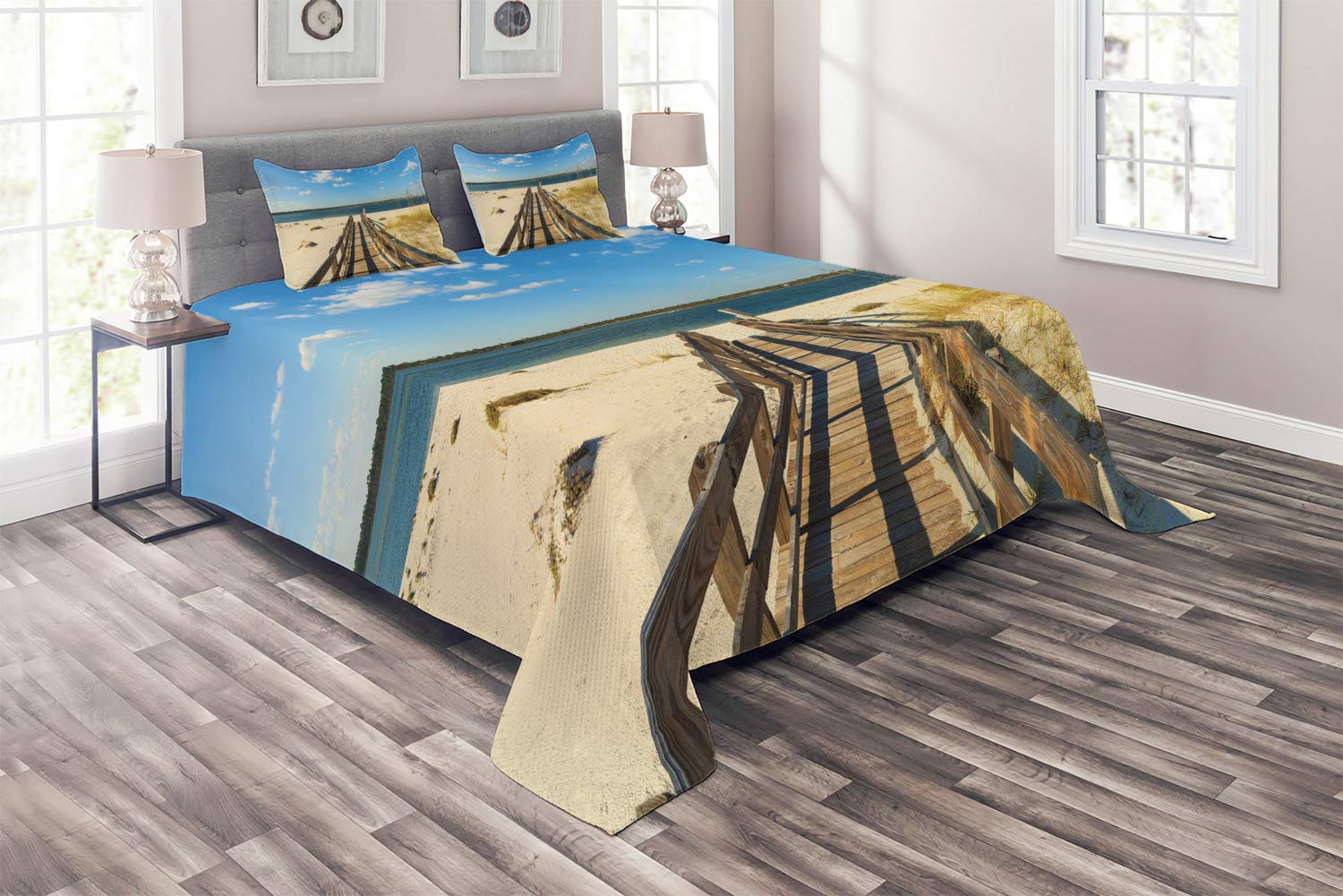 Ambesonne Beach Coverlet Set - King Size 3-Piece Quilted Bedspread with 2 Pillow Shams, Coastal Gulf of Mexico & South America Resort Design in Cream & Blue - Perfect for Beach House, Vacation Rental or Coastal Bedroom Decor
