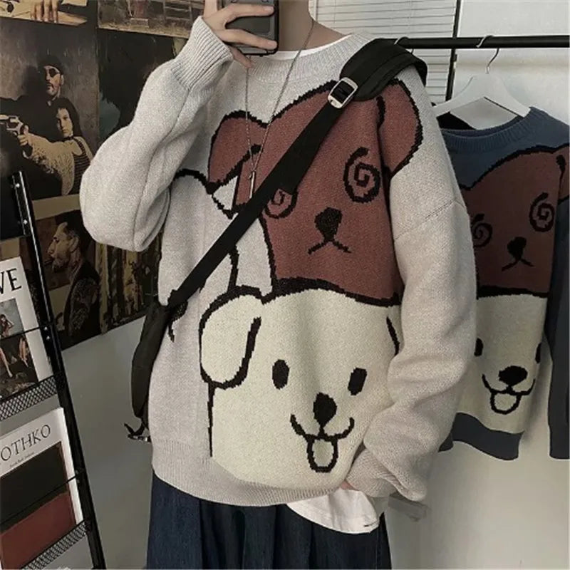 Men's Cartoon Bear Knit Sweater - Winter Warm Long Sleeve Pullover for Casual Wear | Cozy Loose Fit Fashion Top for Autumn & Winter Outfits