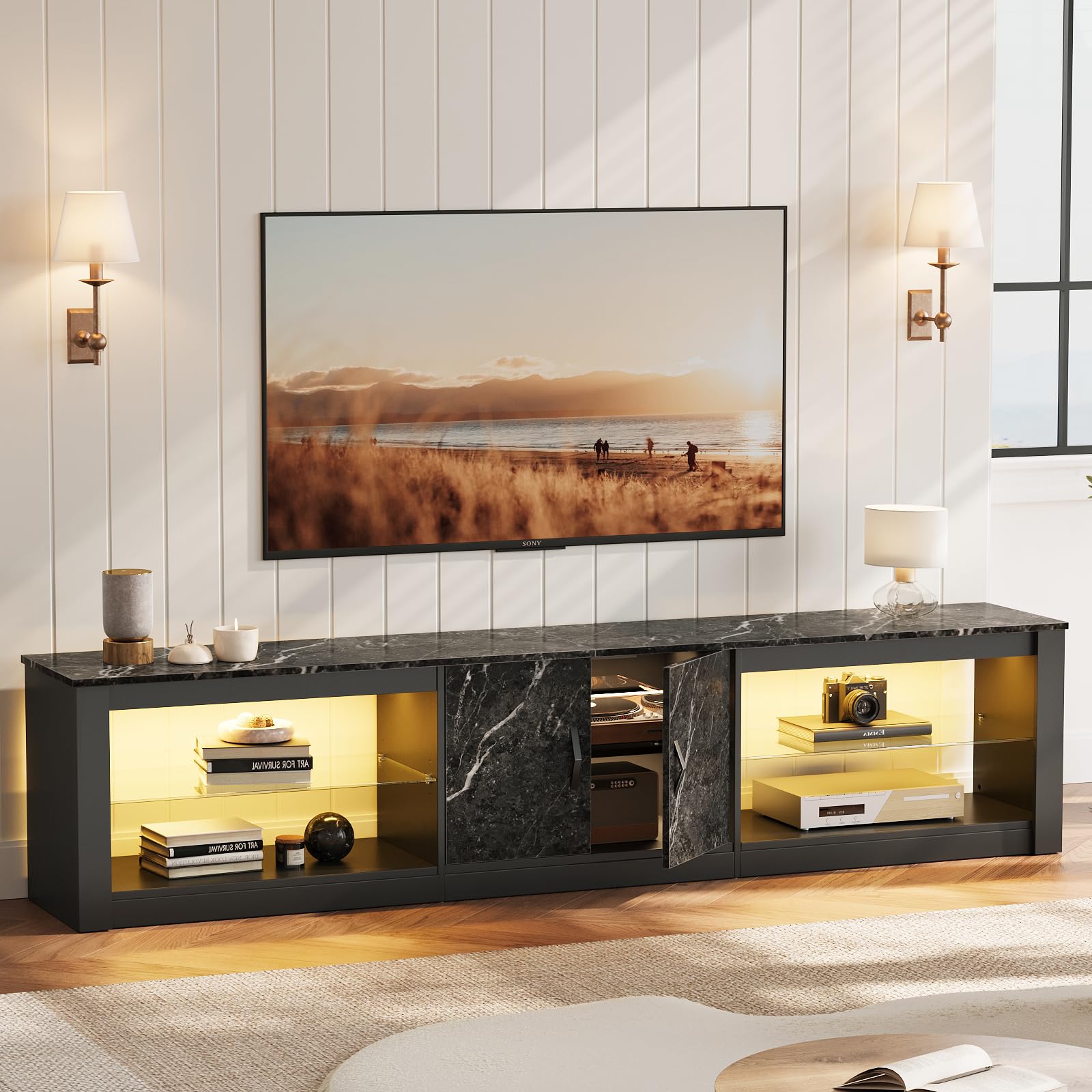 Bestier 80 Inch TV Stand for 75-86 Inch TVs with Storage Cabinet & Adjustable Glass Shelves - Modern Entertainment Center for Living Room & Bedroom - Compatible with PS5, Gaming Consoles & LED TVs - Black Marble Finish for Stylish Home Decor