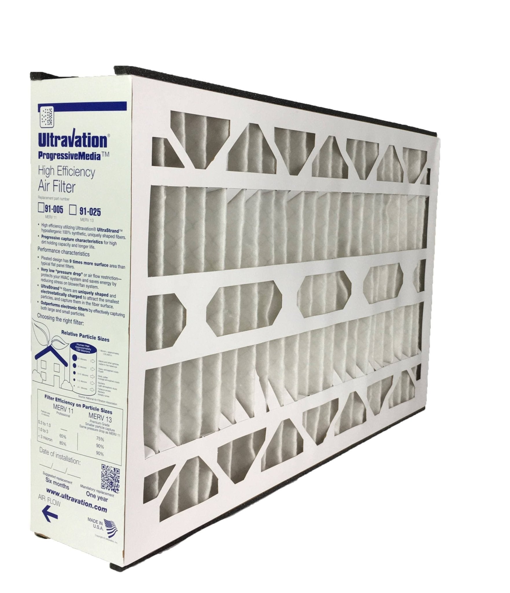 Ultravation 91 025 16x25x5 MERV 13 Air Filter - High Efficiency Furnace Filter Replacement (1 Pack) for Home HVAC Systems & Air Purifiers