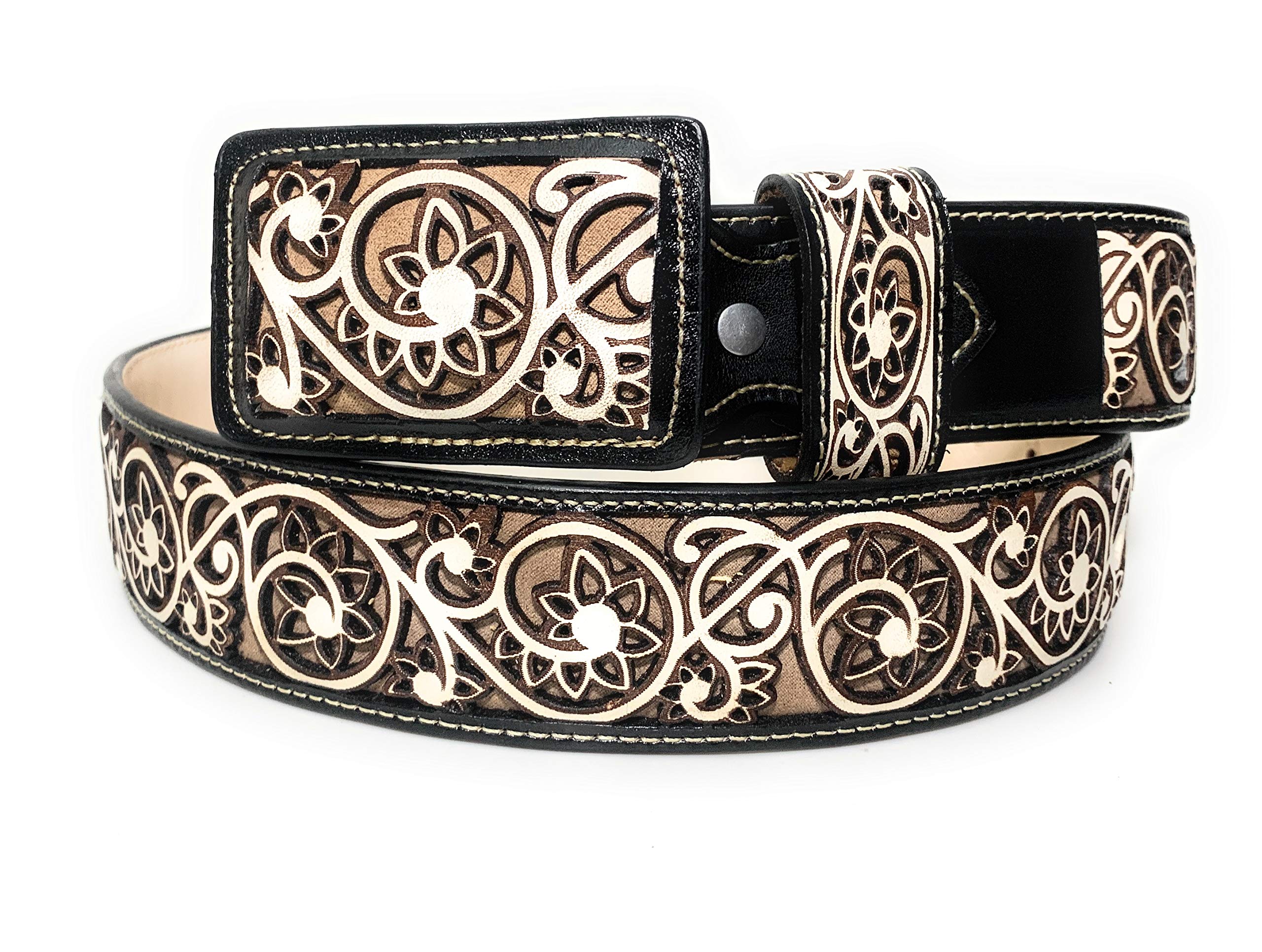Handcrafted Men's Engraved Western Leather Belt - Genuine Cowhide Vaquero Belt with Charro Design - Perfect for Rodeo, Country Music Festivals & Western Fashion Outfits
